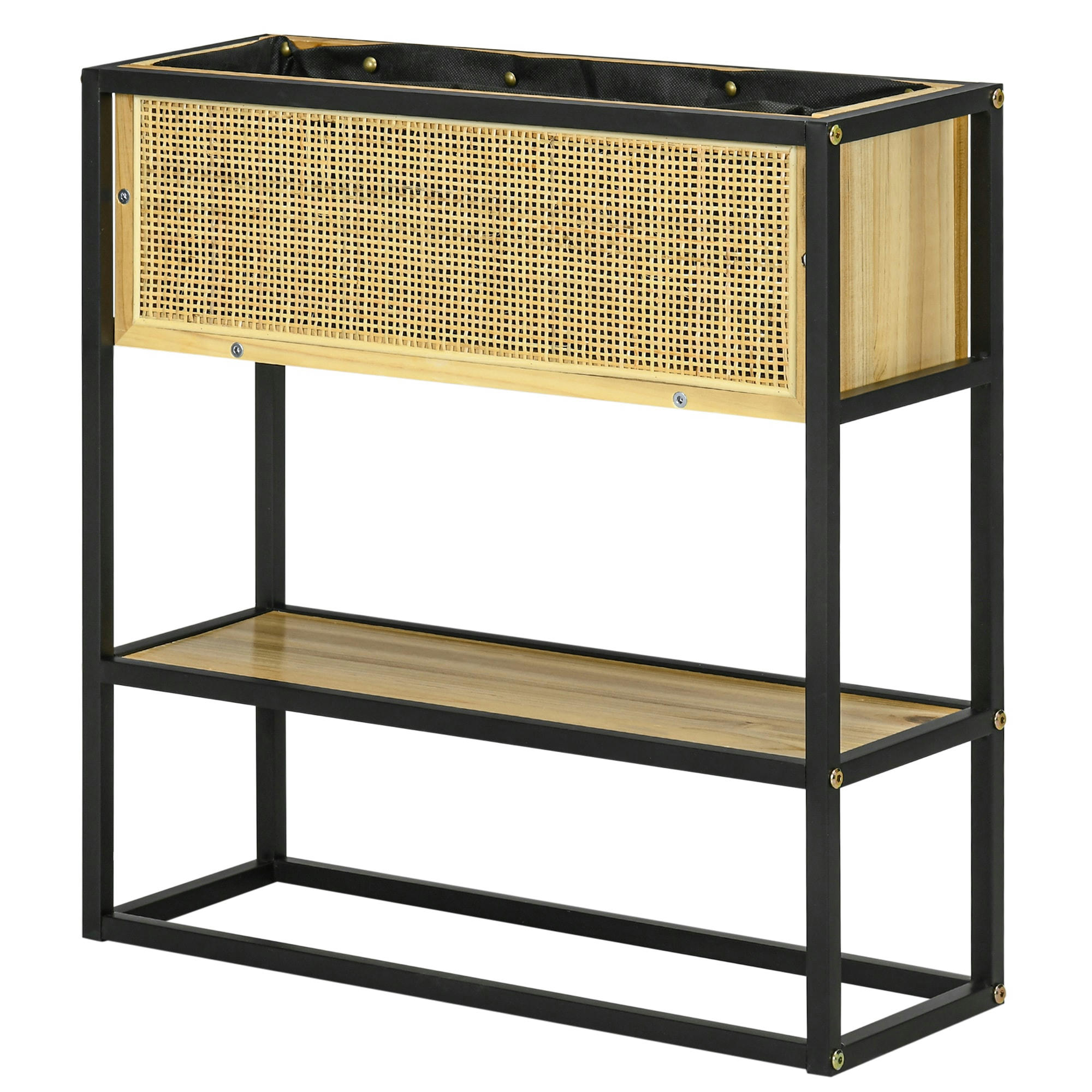 - Jardinière sur pied style naturel métal noir sapin verni bambou tressé