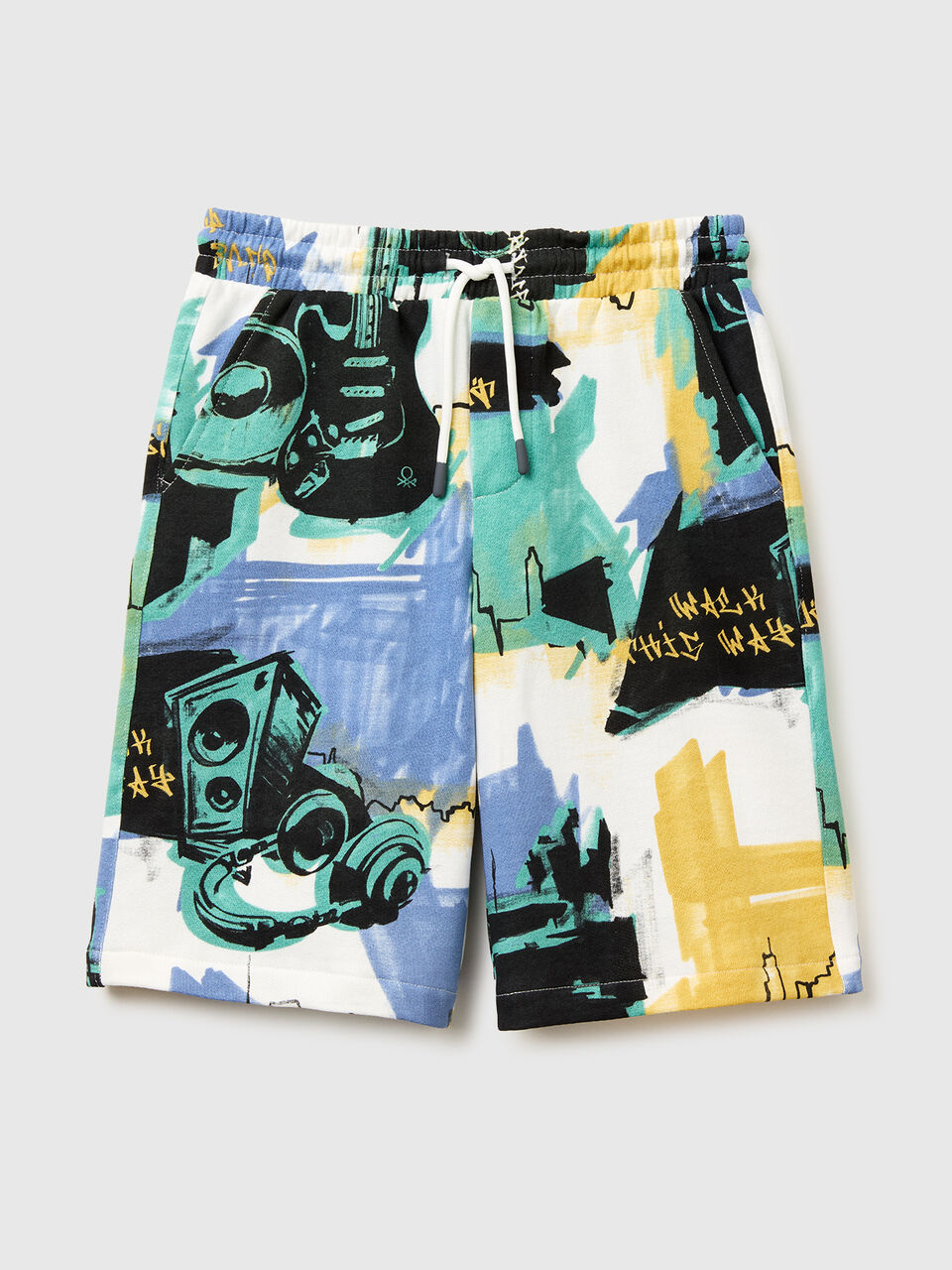 Over-fit Bermuda shorts in printed fleece