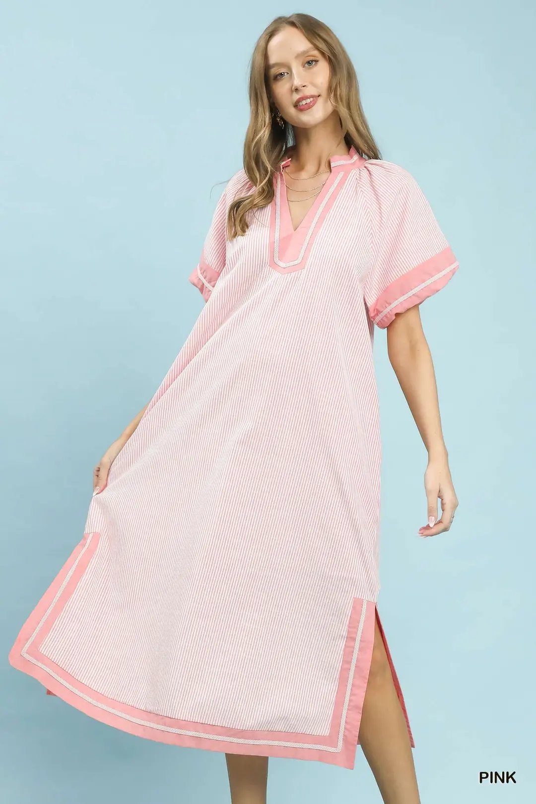 Pinstripe Contrast Trim Midi Dress