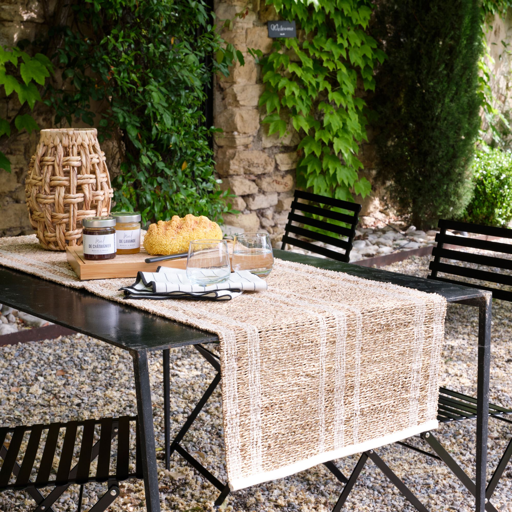 SONA - Chemin de table en paille et coton - naturel 50x150cm
