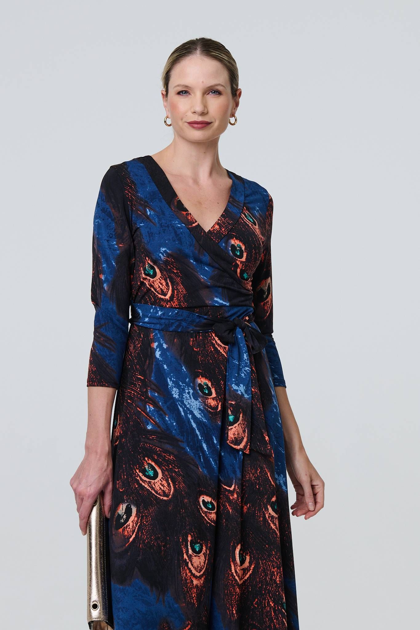 Izabel London Peacock Print 3/4 Sleeve Wrap Maxi Dress