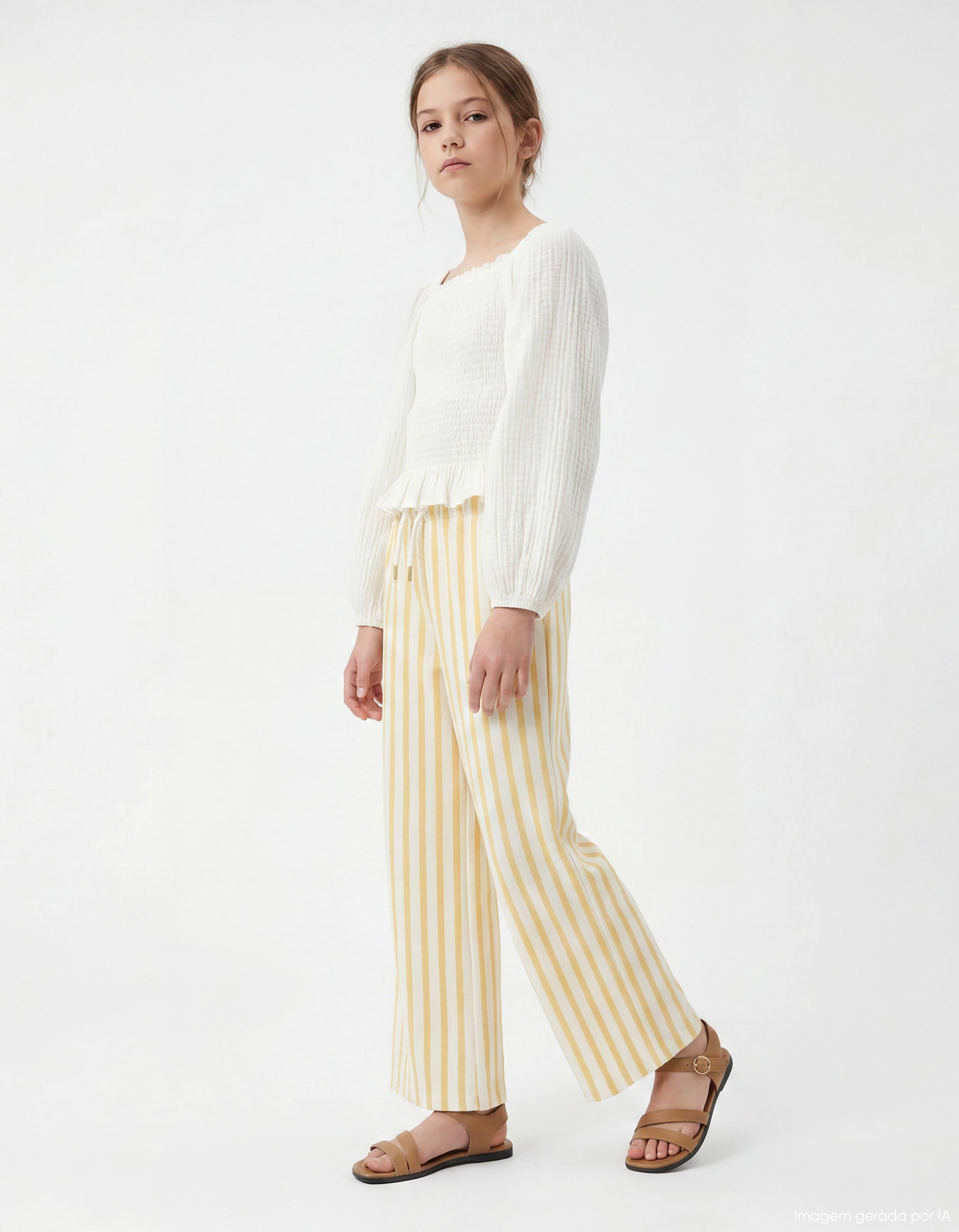 Calças Riscas, Menina, Amarelo Claro