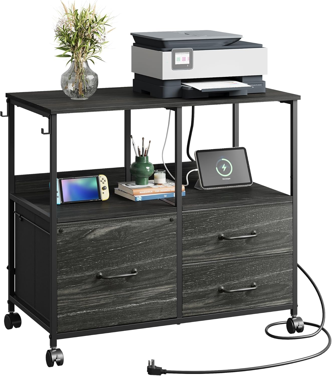 DEVAISE 3 Drawer File Cabinet with Charging Station, Rolling Printer Stand for Office Storage, Mobile Filing Cabinet fits Under Desk Storage, Charcoal Black Wood Grain Print