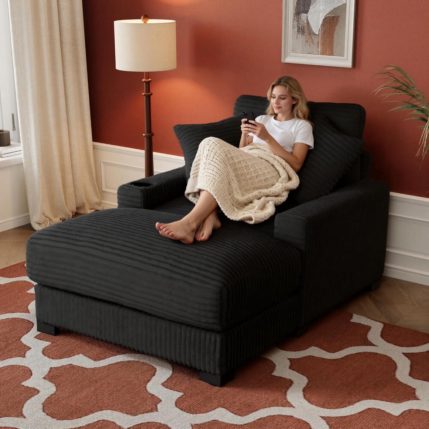 Oversized 60 Chaise Lounge Chair with Adjustable Backrest, Solid Wood Frame Corduroy Upholstery, Cup Holder USB & Type-C Port, 2 Pillows Sleeper Couch Deep Seat for Living Room, Bedroom, Black