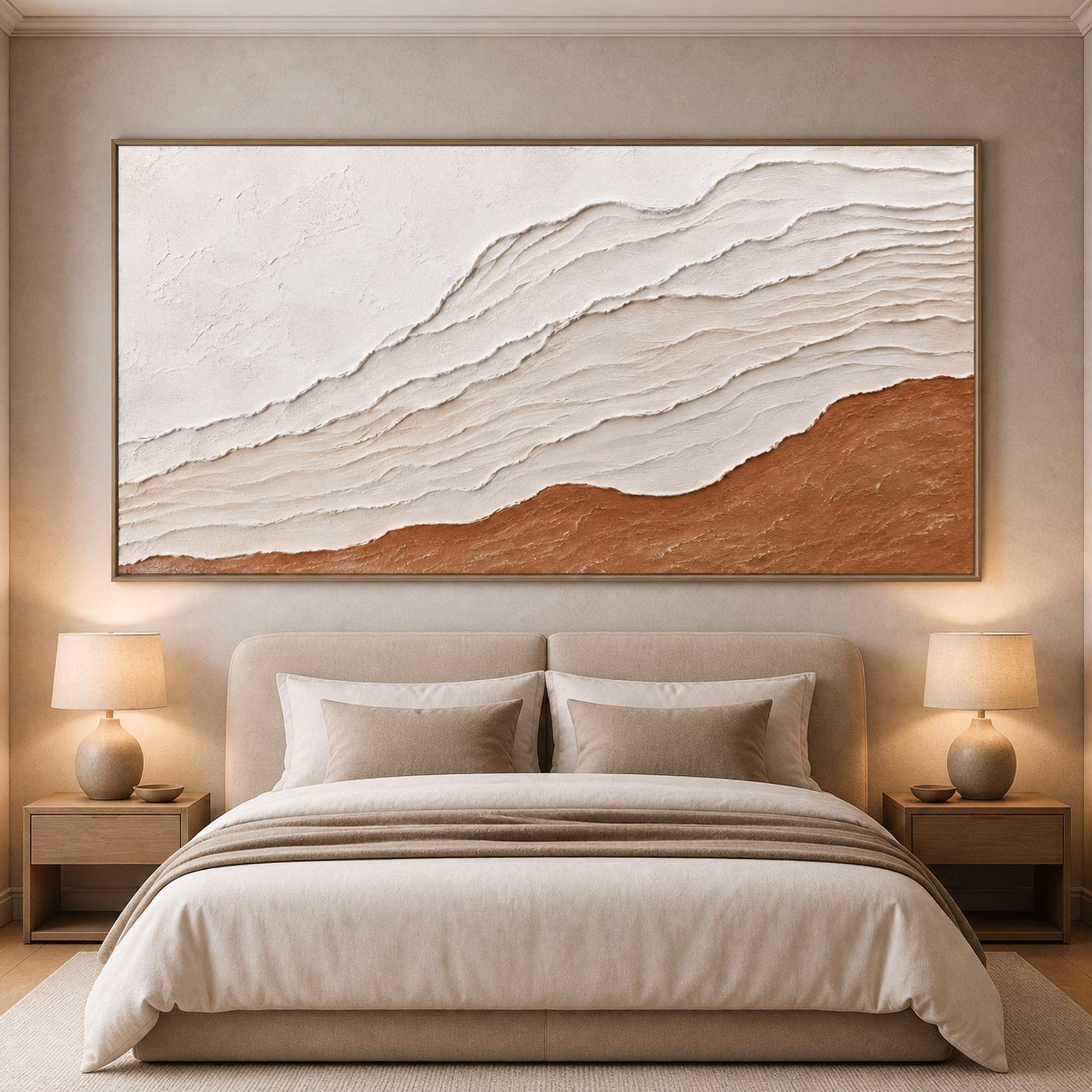 Terracotta Ridge Abstract Art, Ivory Textured Layers, Panoramic Earth Decor