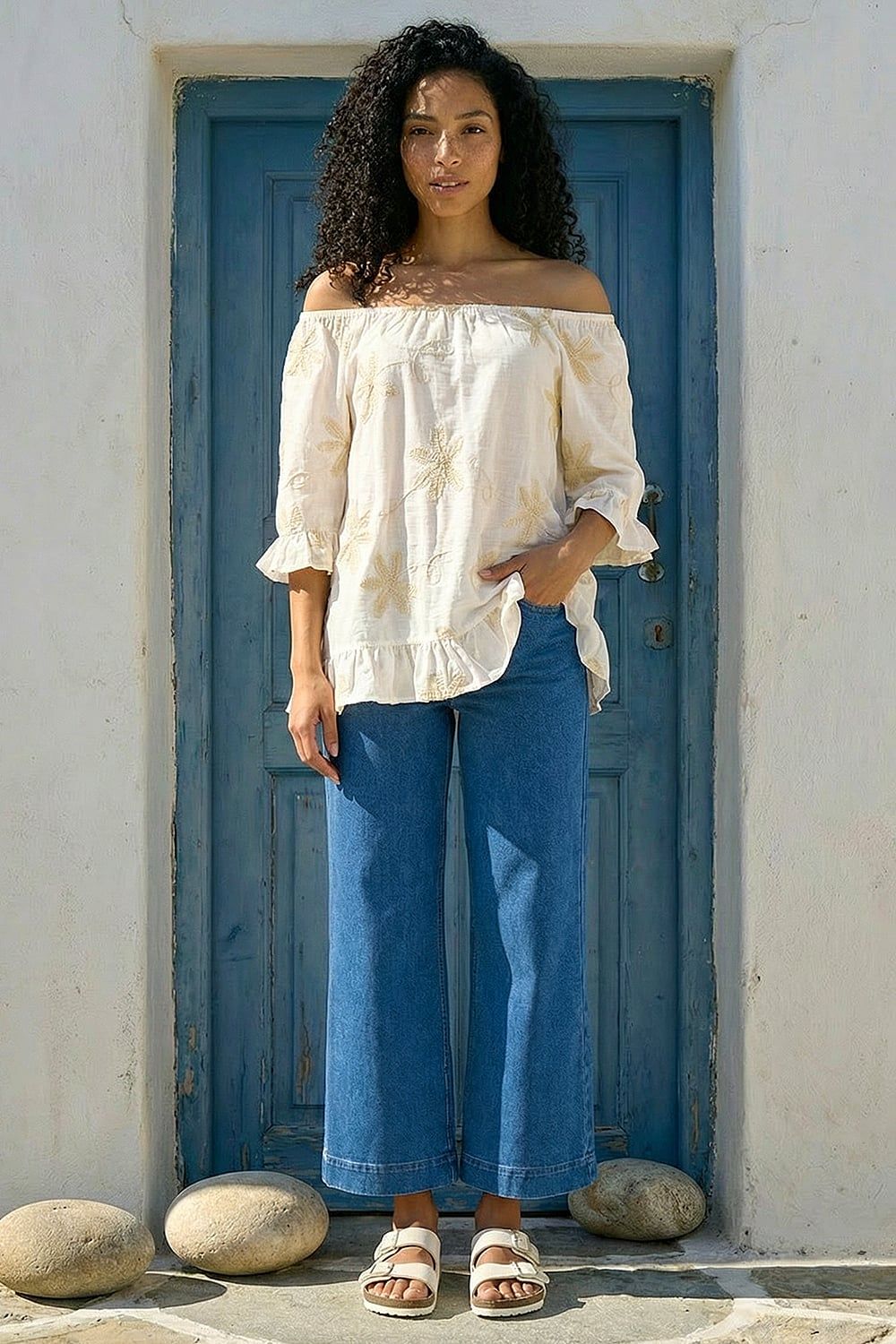 Roman Floral Embroidered Bardot Top