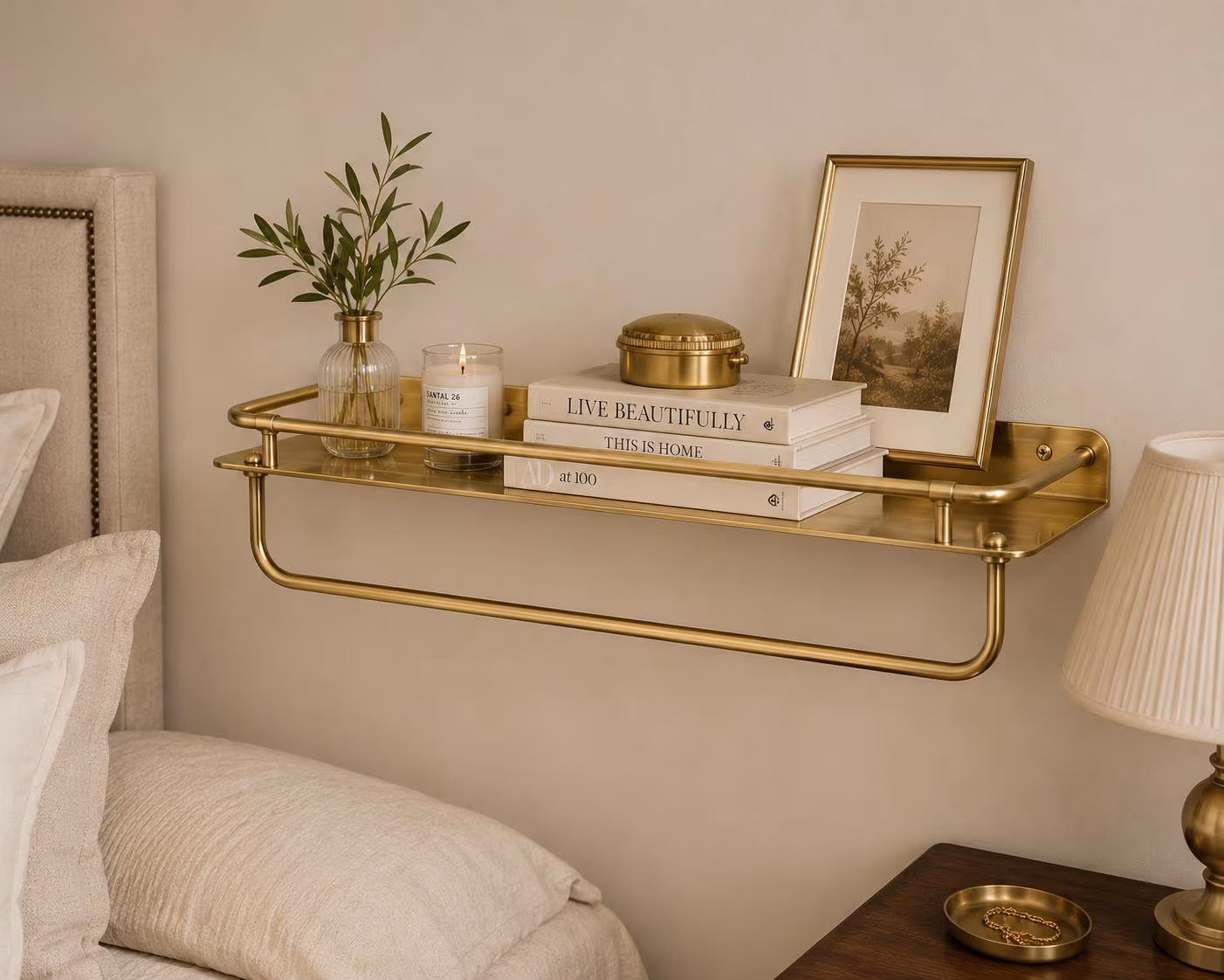 Modern Brass Bathroom Shelf with Towel Bar | Wall Mounted Organizer Storage