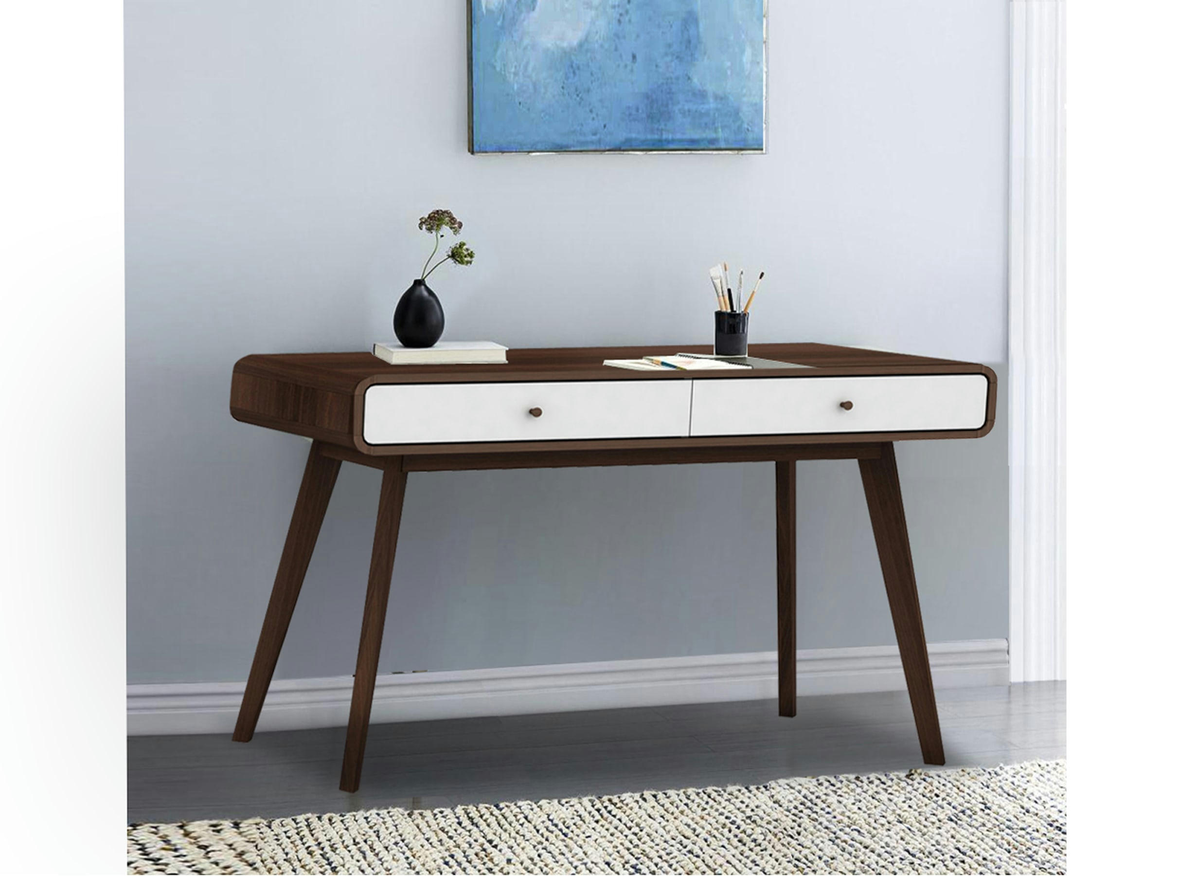 CASSIE - Bureau 2 portes en panneaux de particules noyer et blanc