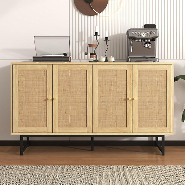 Buffet en rotin véritable, 140 x 39,5 x 80 cm, avec 4 portes, aspect bois, pieds noirs mat et poignées dorées,couleur bois