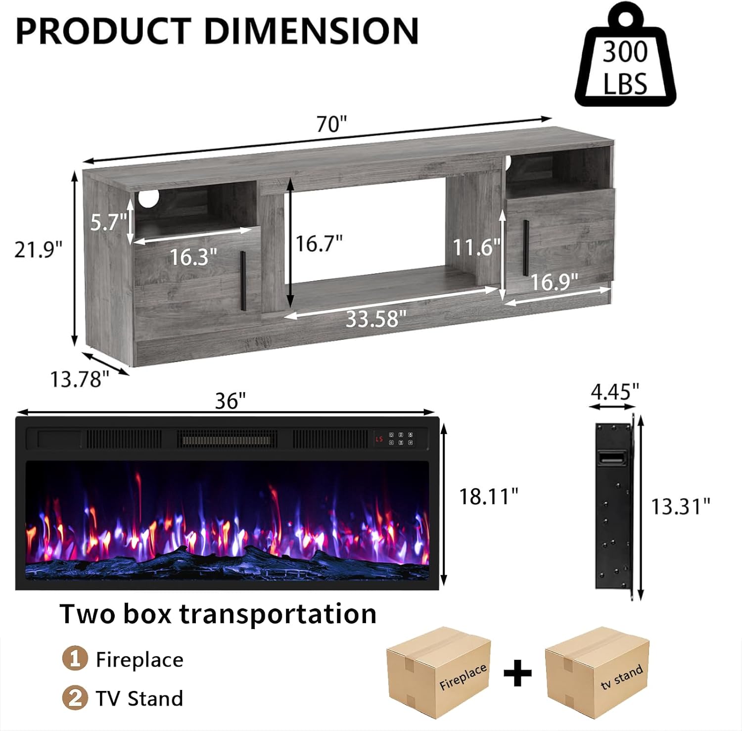 Fireplace TV Stand with 36 Fireplace Up to 80 TVs, 70 Entertainment Center with LED Lights, Remote Control, TV Media Console with Storage Cabinets for Living Room, Gray