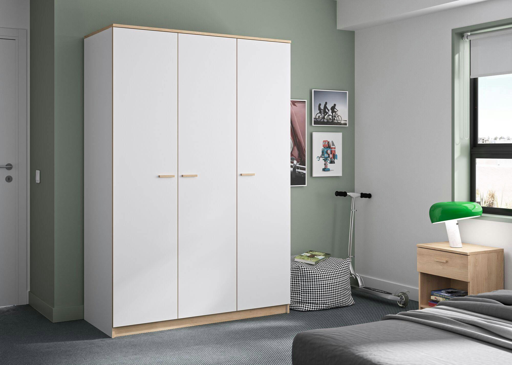 ENORA - Armoire 3 portes effet bois blanc/bois
