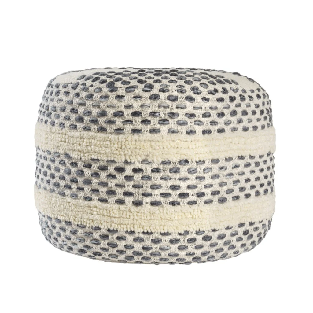 18 Ivory and Blue Cotton Blend Round Striped Pouf Ottoman