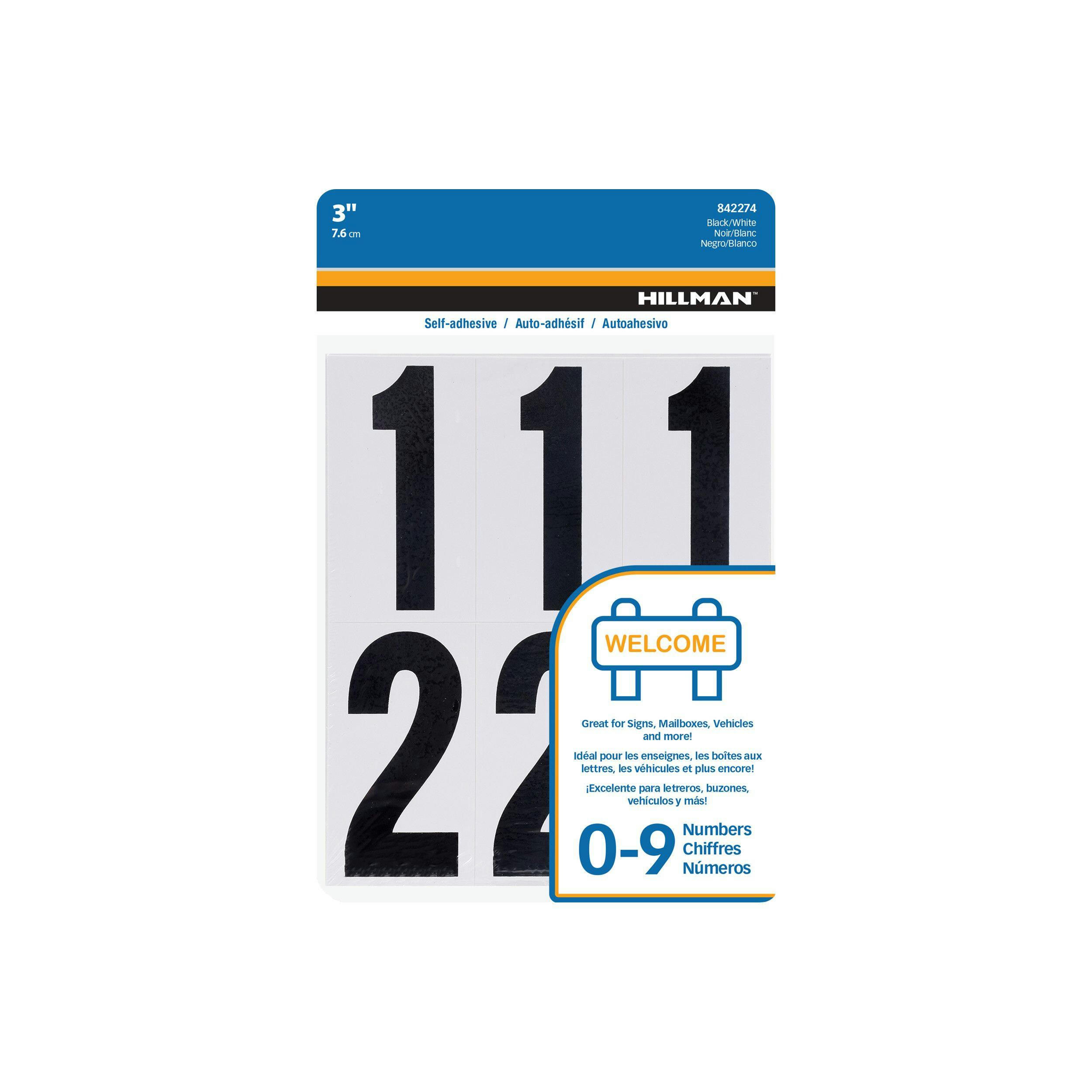 Hillman Vinyl 3-in Weather-Resistant Self-Adhesive 0-9 Number Set, Black & White, 27-pc