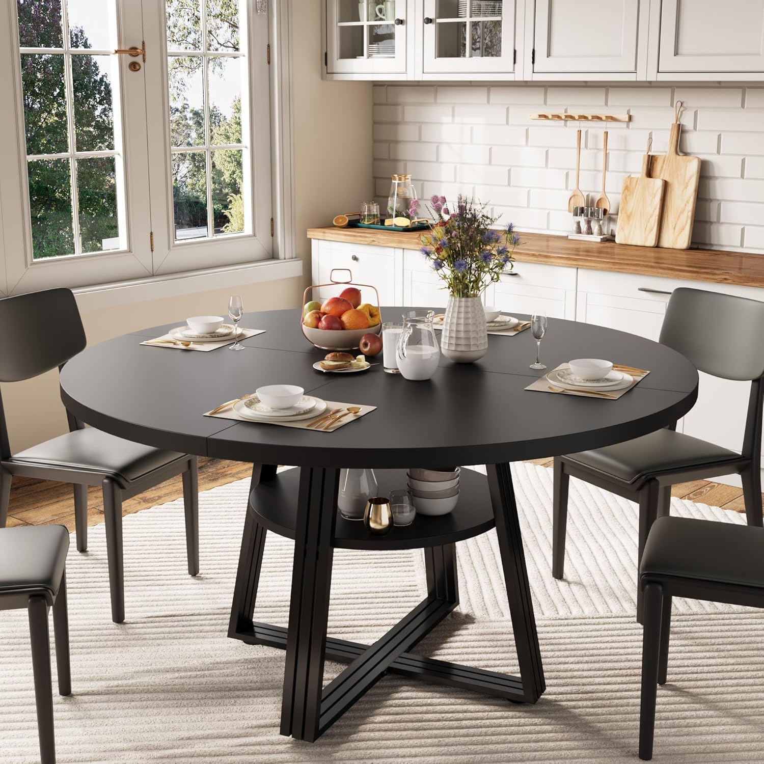 GarveeHome 47 Inch Round Dining Table for 4-6, Farmhouse Pedestal Kitchen Table with Storage Shelf, Space-Saving Circle, for Kitchen, Dining Room, Living Room, Apartment, Table Only- Black