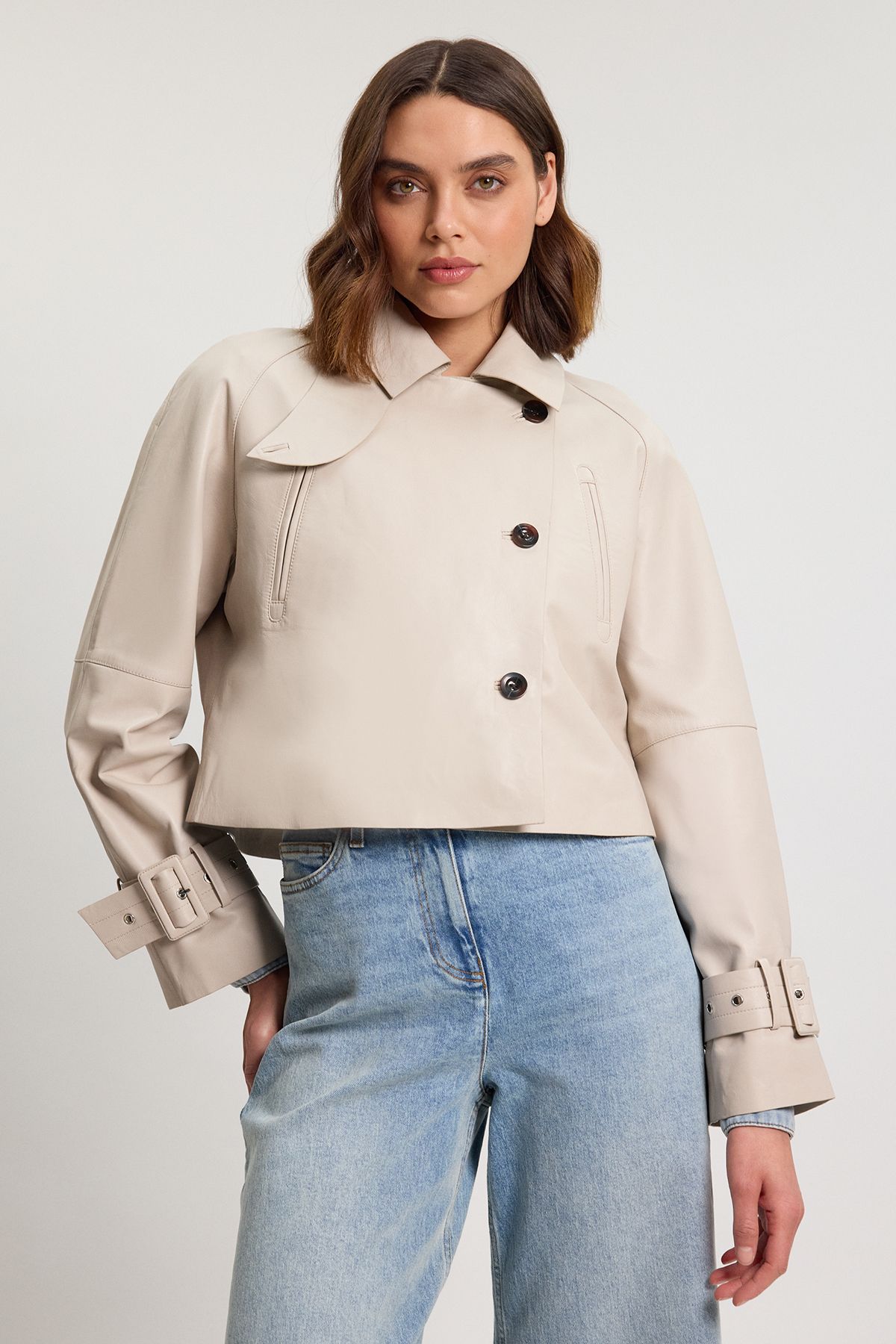 KarenMillen Leather High Neck Crop Trench Coat