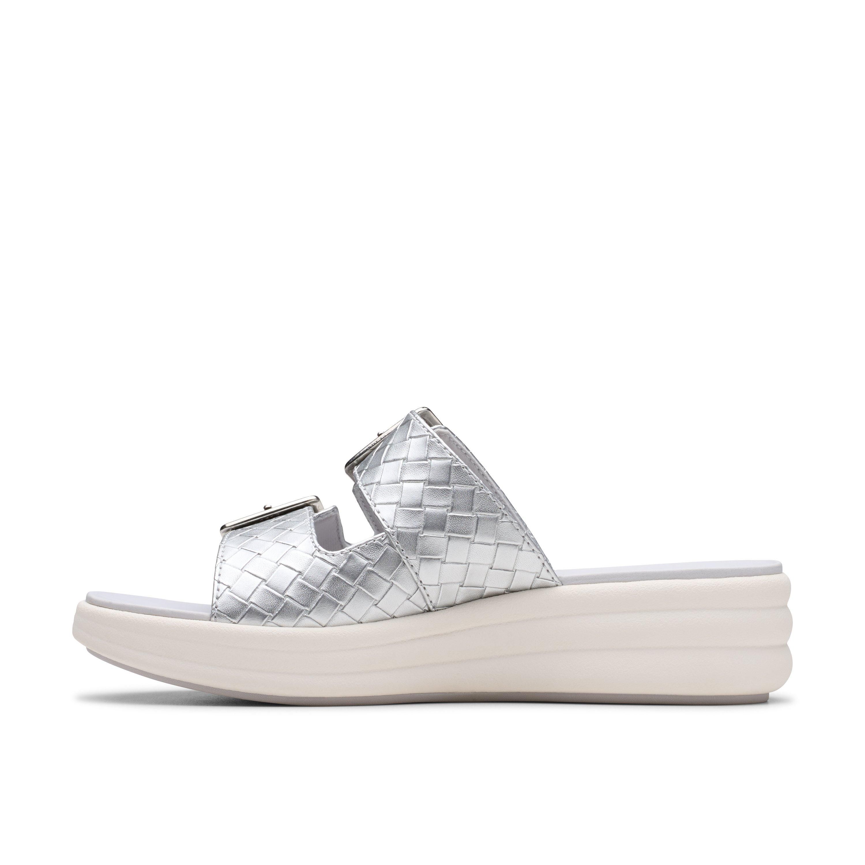 Clarks Drift Buckle Silver Metallic Wedges,Heeled Sandals