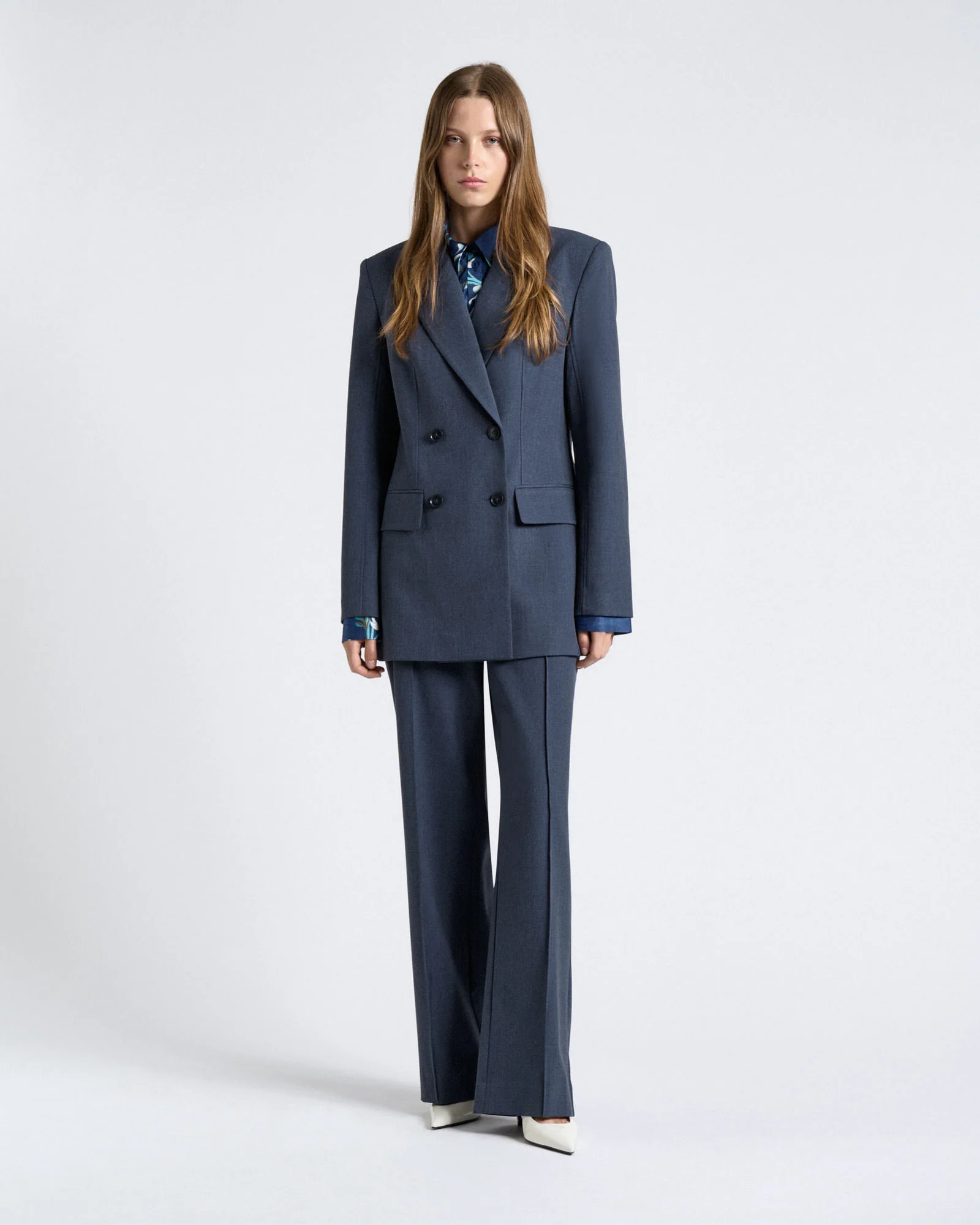 Grey Melange Suiting Double Breasted Blazer