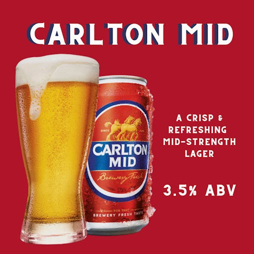 Carlton Draught Mid, Mid Strength Beer with Crisp Finish, Classic Australian Lager, 3% ABV, 375mL (Case of 30 Cans)