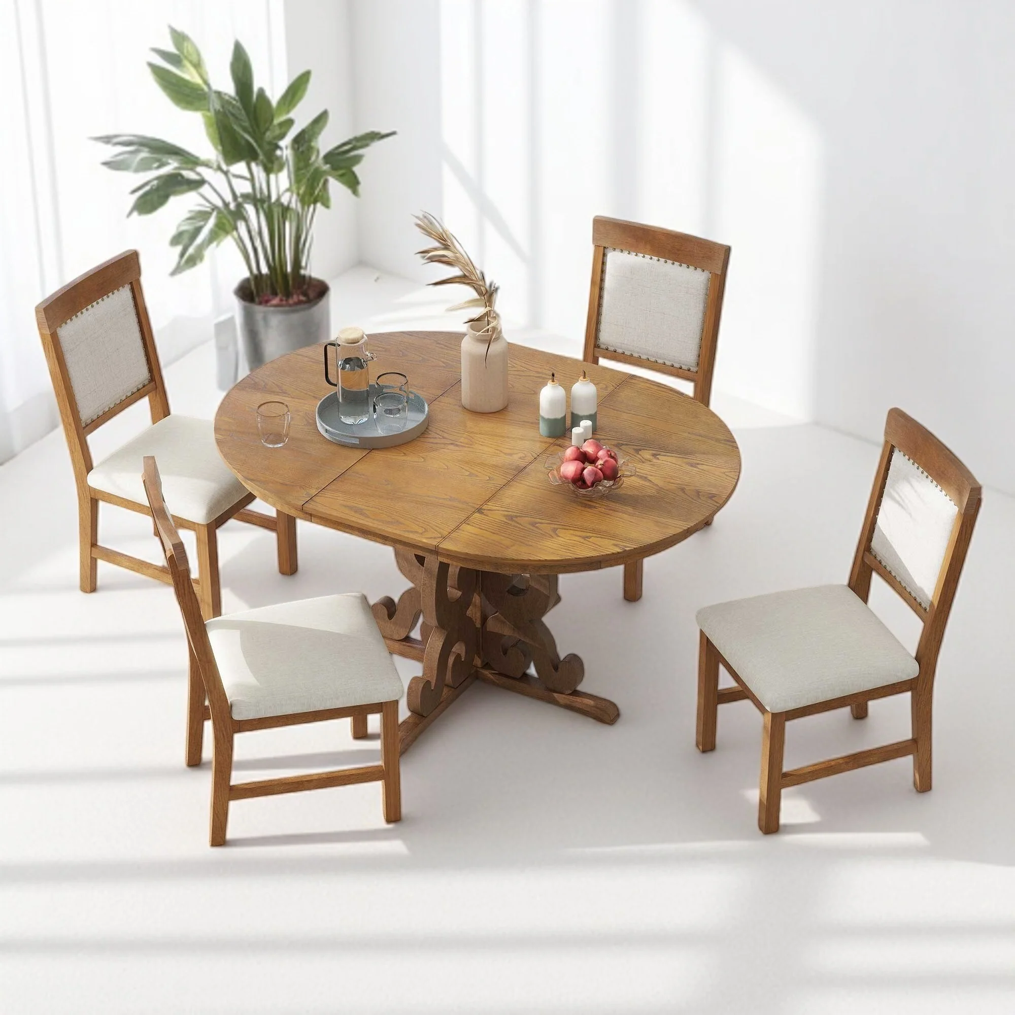 5-Piece Dining Set with Extendable Round Table, 16-Inch Leaf, 4 Upholstered Chairs, Solid Wood & MDF, Ideal for Dining Room