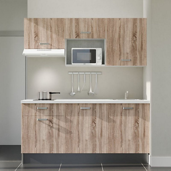 Kitchenette K30 façades Bois - Plan de travail Blanc - Crédences : Non - Evier inox - Electroménager Blanc inclus