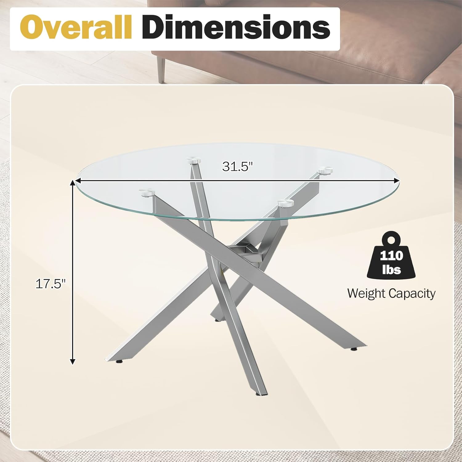 Giantex Round Glass Coffee Table, 31.5 Modern Center Table with Tempered Glass Top & Geometric Metal Frame, Clear Accent Cocktail Table, Small Coffee Table for Living Room, Small Spaces (Silver)