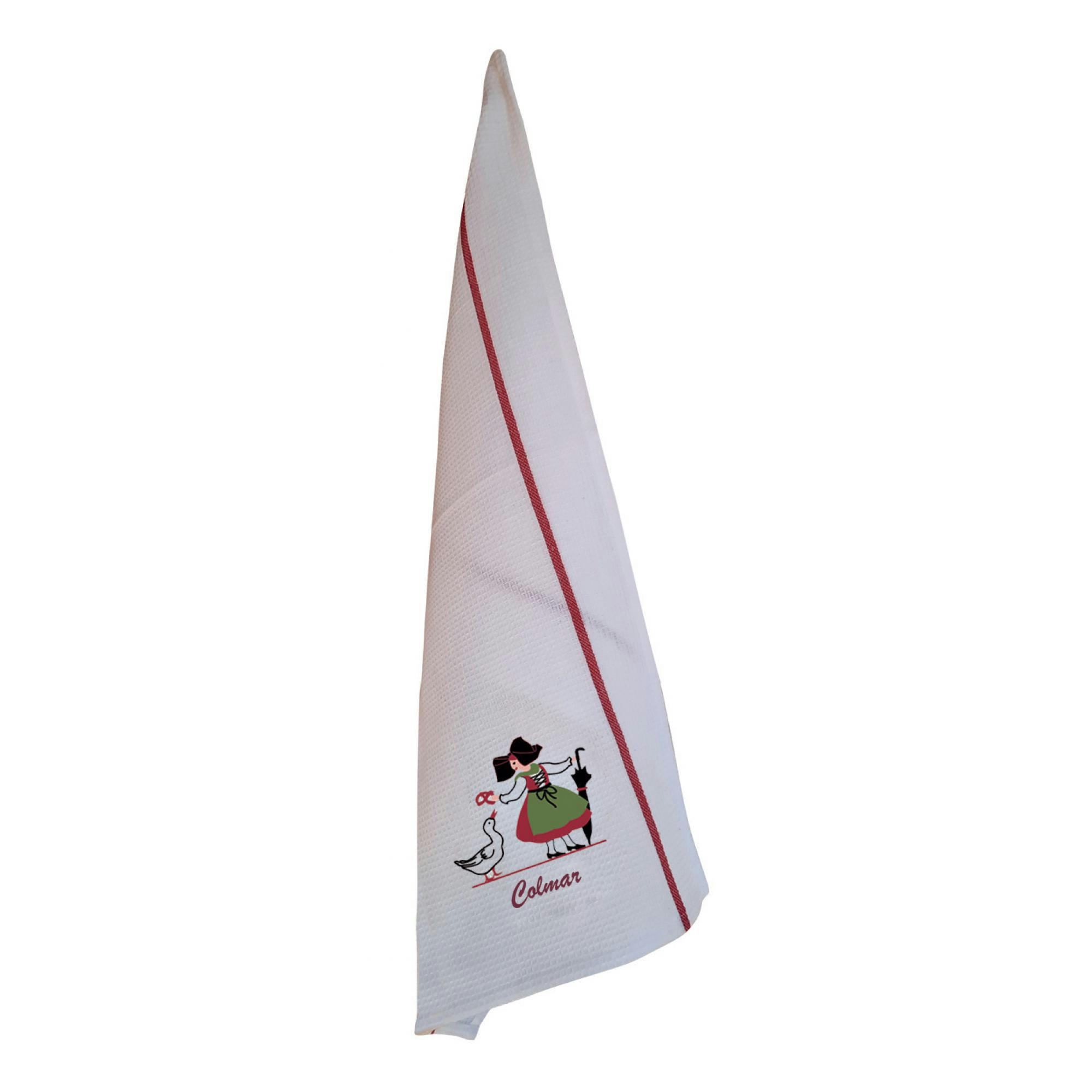 BRODERIE ALSACE - Torchon na brodé alsacienne oie colmar en coton blanc/rouge 50 x 70
