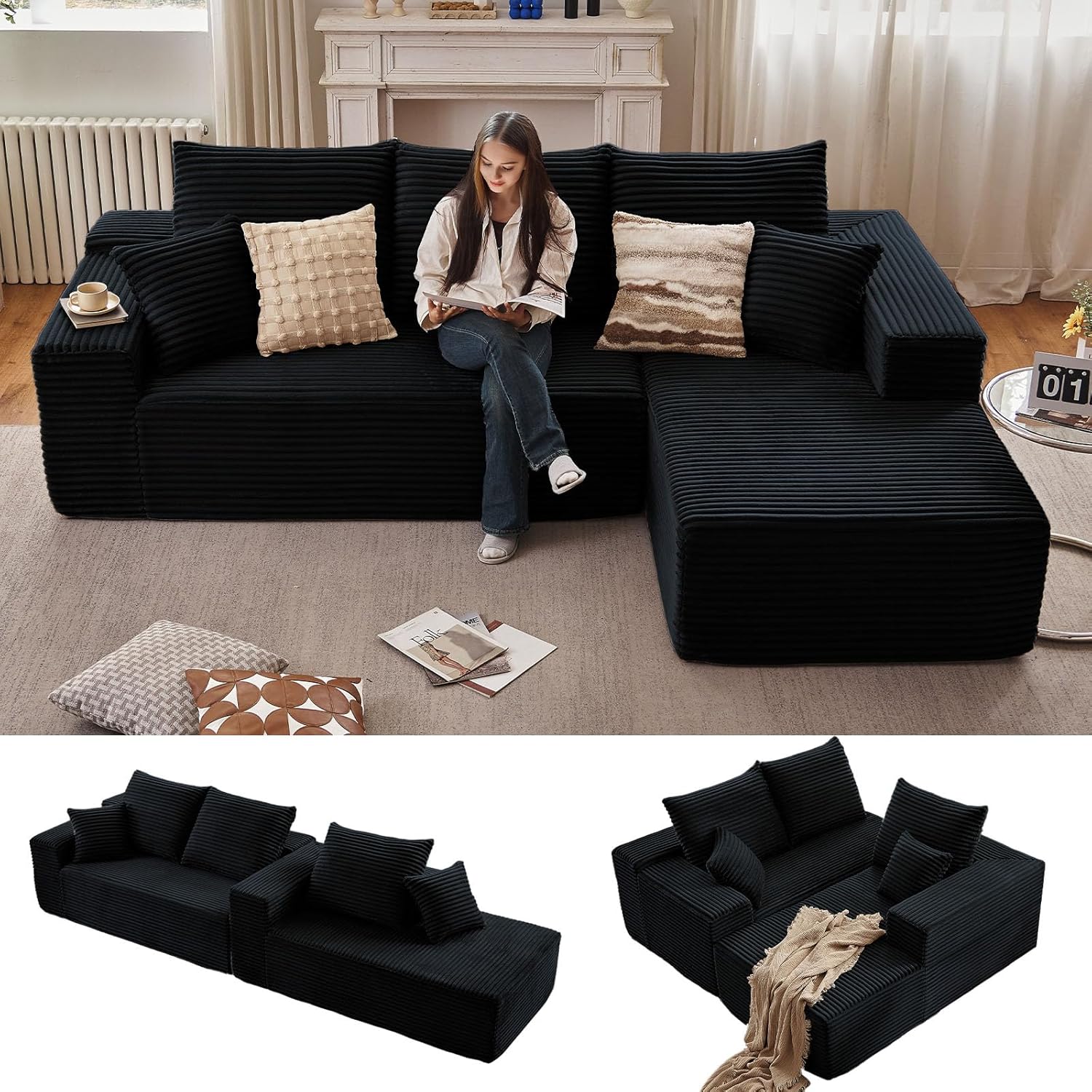 96 Modular Sectional Sofa, Modern Corduroy Cloud Couch with Deep Seat, Boneless Couch Upholstered 3-Seater L-Shaped Sofa for Living Room, No Assembly Required (Black, Right-Facing Chaise)