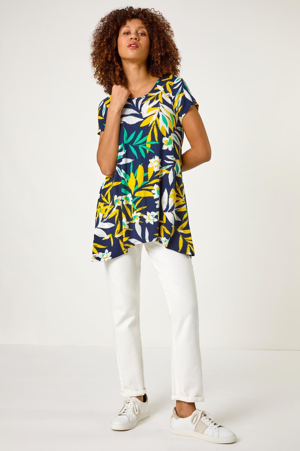 Roman Leaf Print Hanky Hem Tunic Top