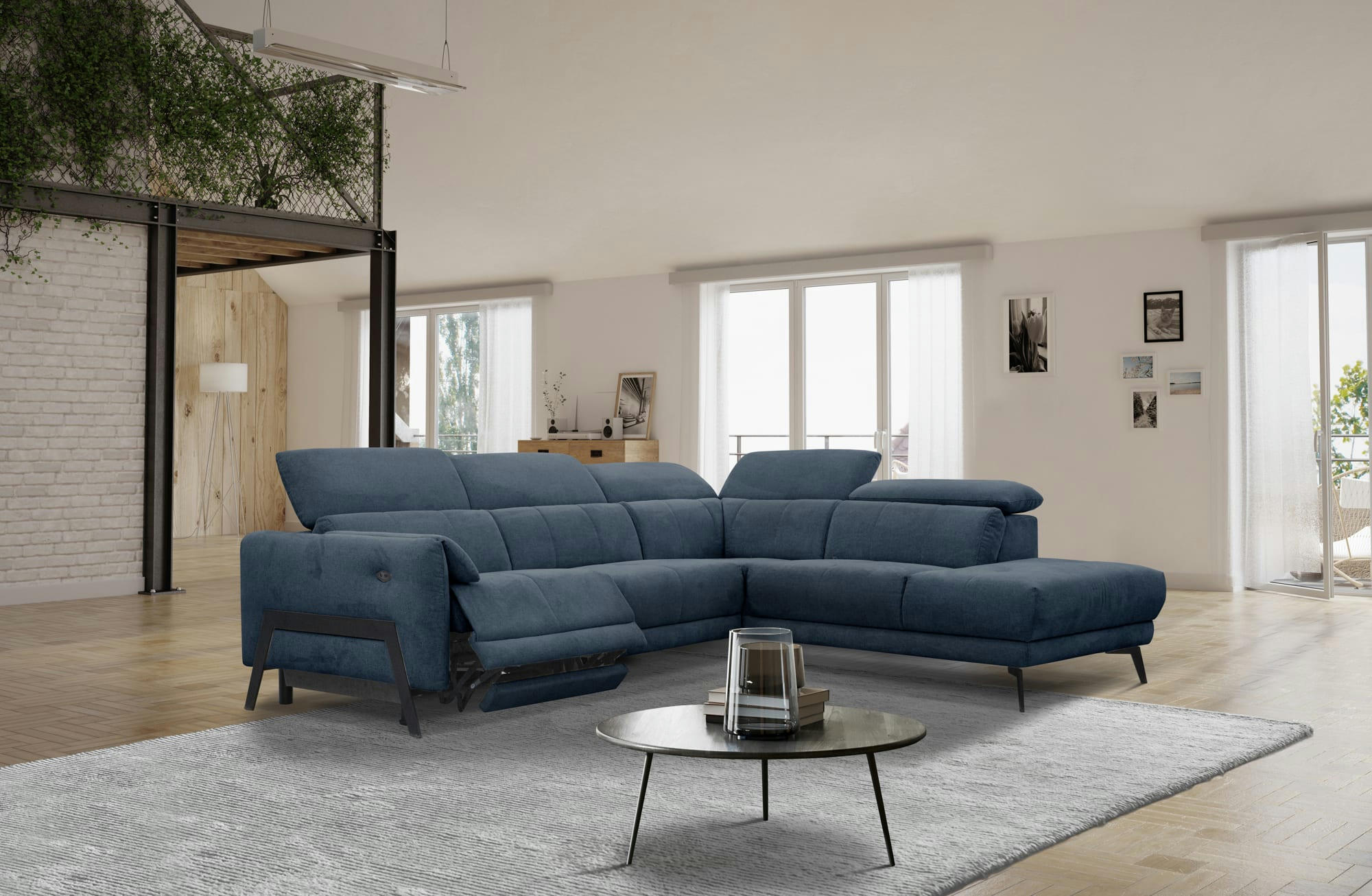 SCALA - Canapé d'angle droit 5 places avec relax électrique, Tissu Bleu -ocean