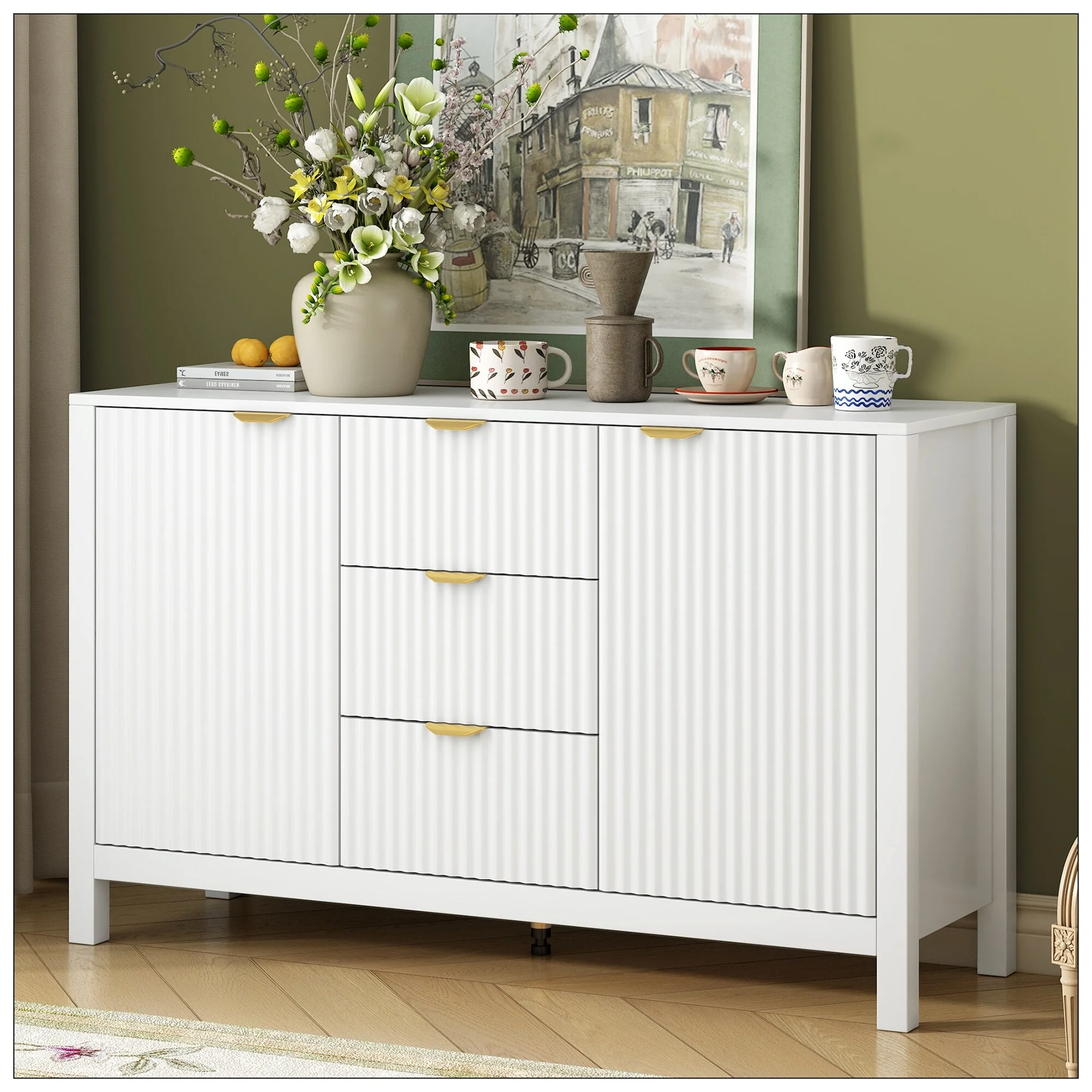 Entryway Cabinet with Wave Design with 3 Adjustable Shelves