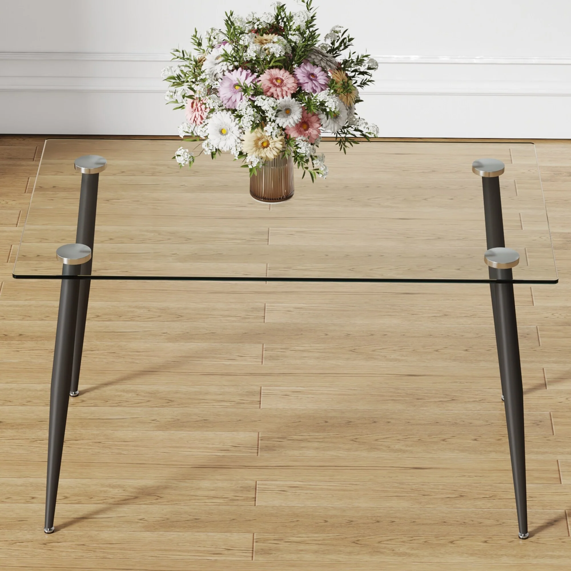 Modern Rectangular Glass Dining Table, Suitable For 4-6 People, Equipped With Tempered Glass Tabletop And Metal Legs