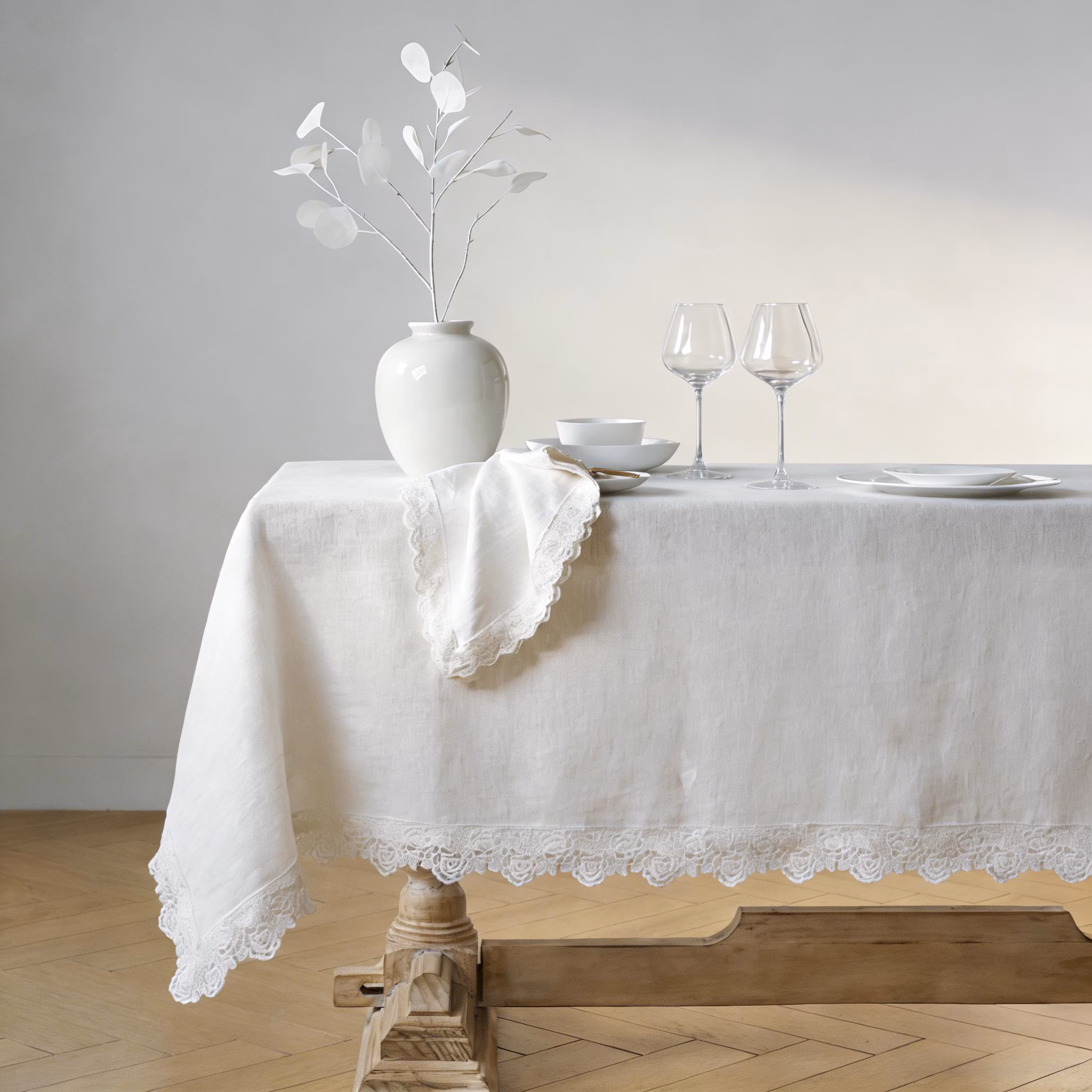 French Linen Tablecloth with Lace – Custom Size, Handmade, Matching Napkins, Wedding & Farmhouse Dining Décor, Rectangle or Square
