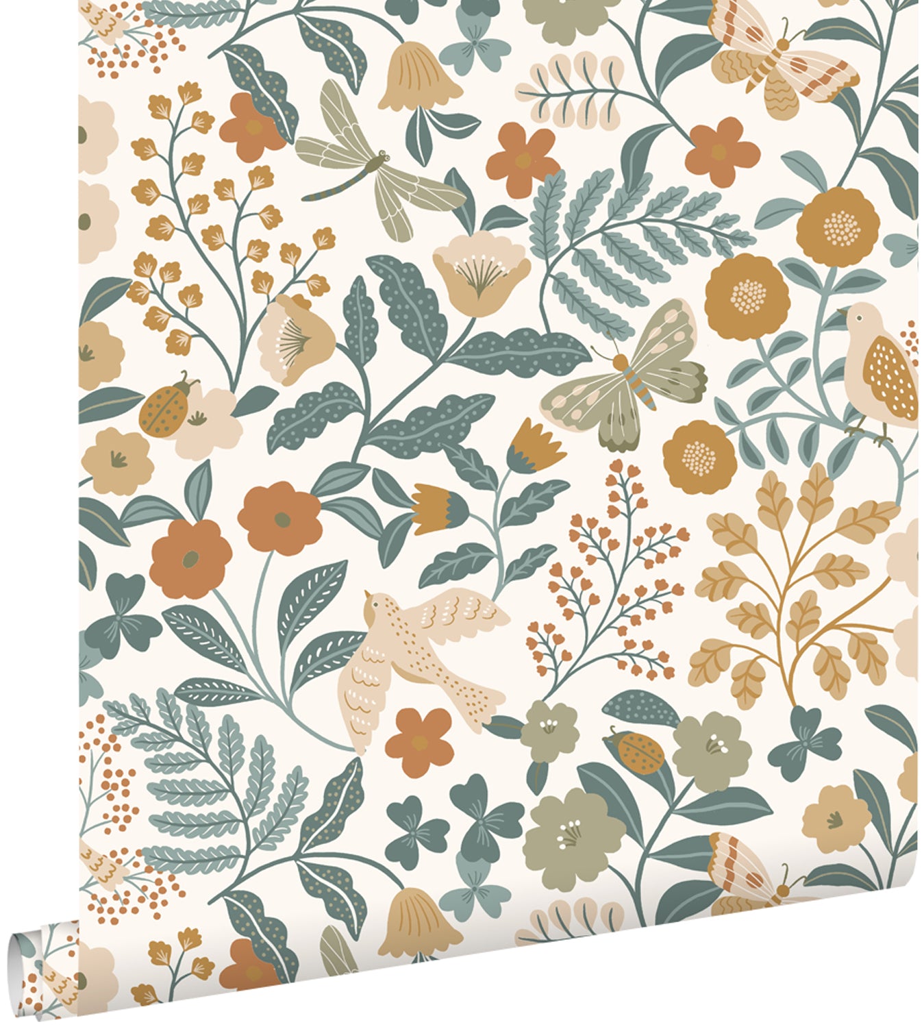 ESTAhome behang bloemen en vogels grijsblauw, olijfgroen en okergeel - 53 cm x 10.05 m - 139865