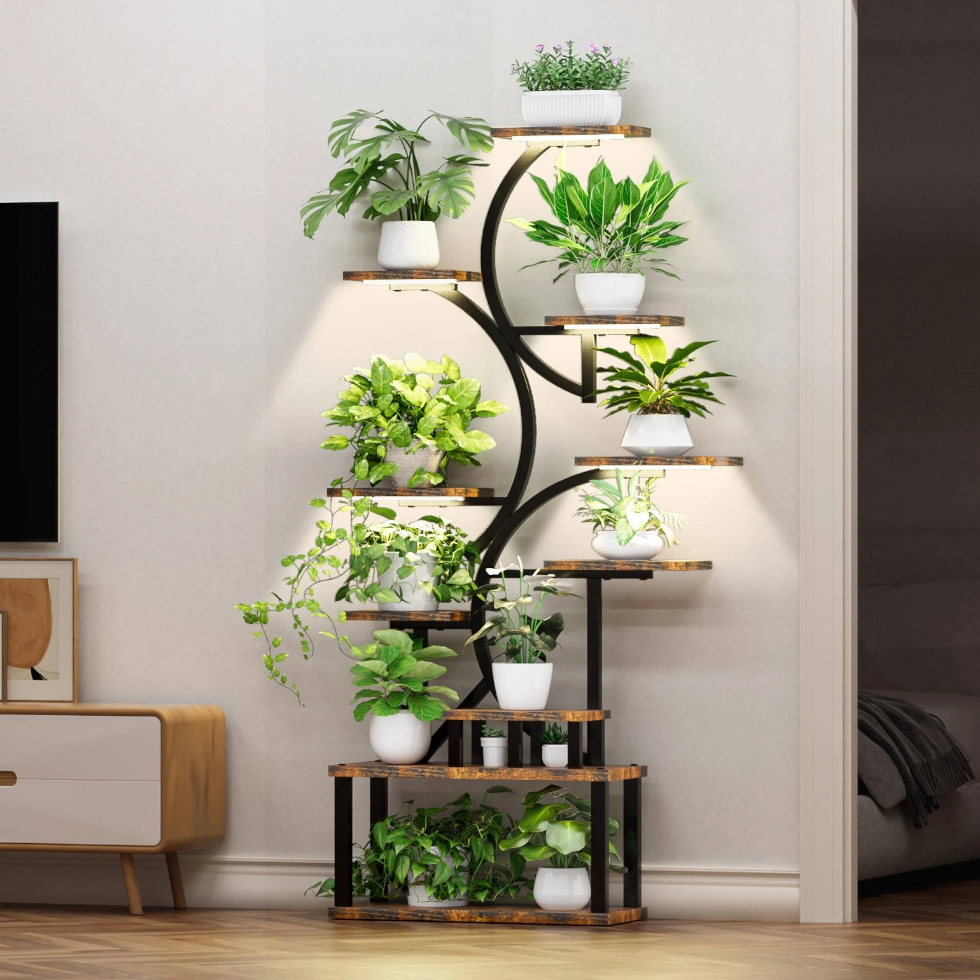 Versatile 10-Tier Plant Stand with Adjustable Grow Lights for Indoor and Outdoor Use