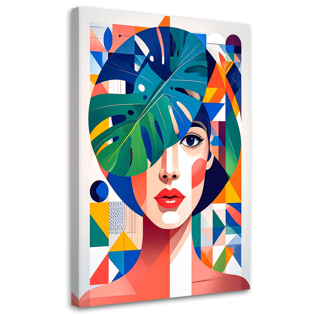 Obraz do salonu sypialni, Kobieta liście monstera w stylu Bauhaus 20x30
