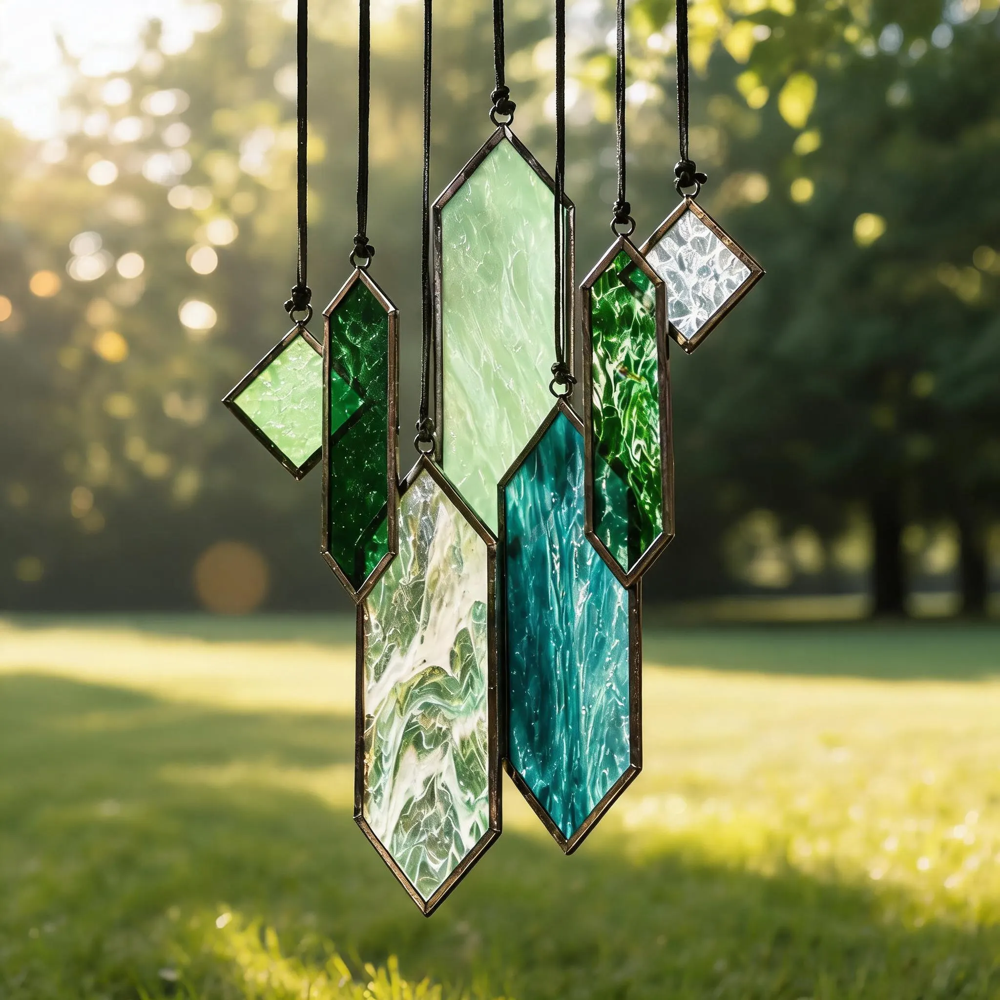Geometric Stained Glass Wind Chime, Blue Green Suncatcher, Modern Window Hanging, Boho Garden Decor, Housewarming Gift for Mom