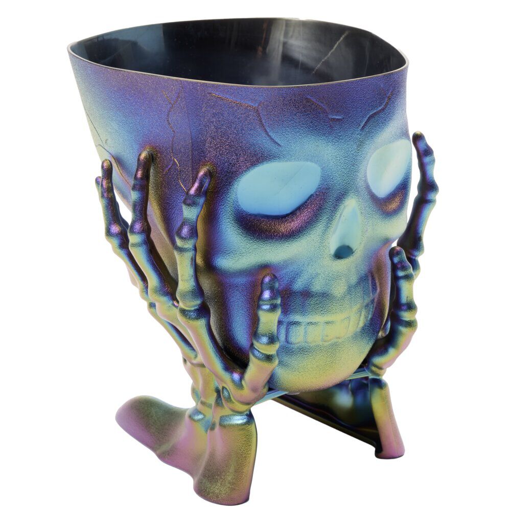 Seau à bonbons Halloween tête de squelette violet iridescent 17x14xH13cm