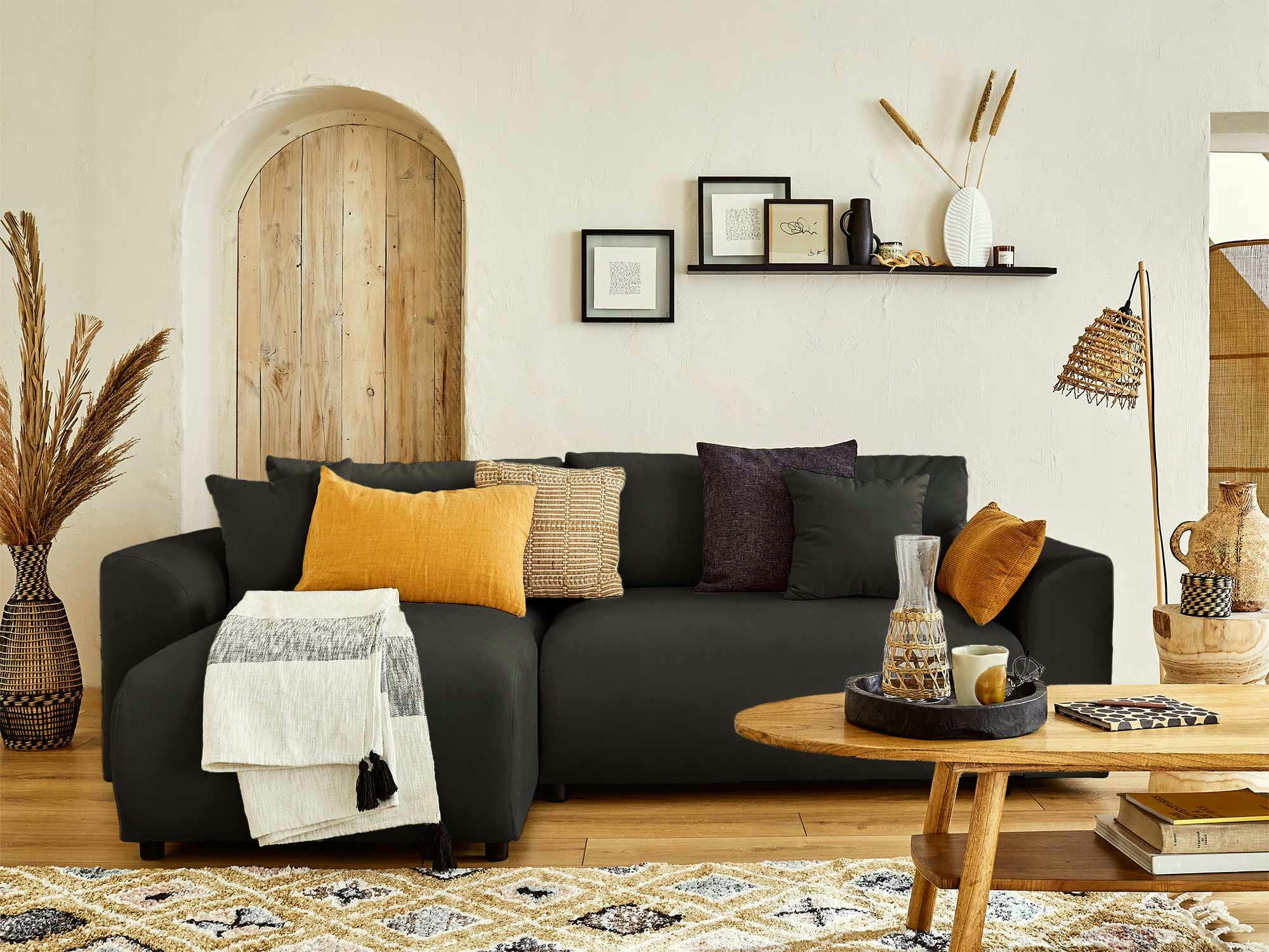 CAMELIA - Canapé d'angle réversible convertible 4 places en velours gris foncé