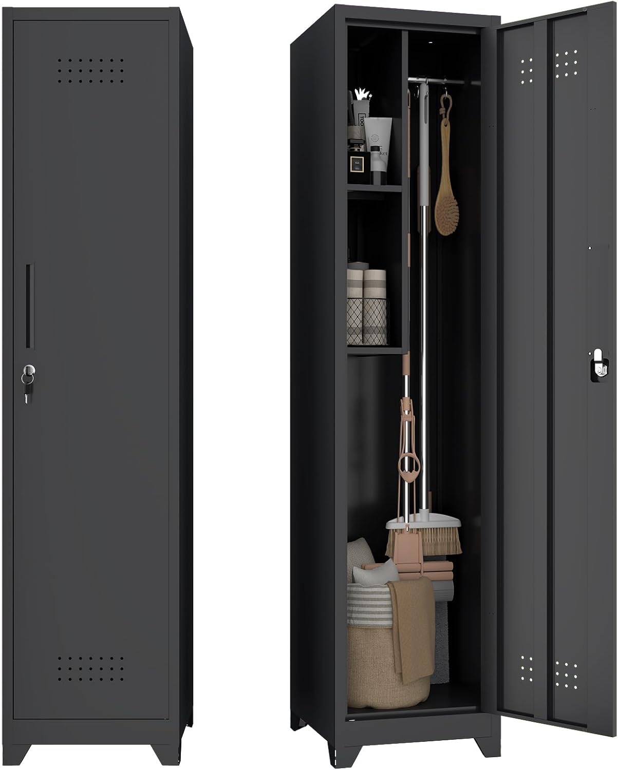 Metal Garage Storage Cabinet,Broom Closet Storage Cabinet,Utility Closet Cabinet for Garage,Office,Gym,Black