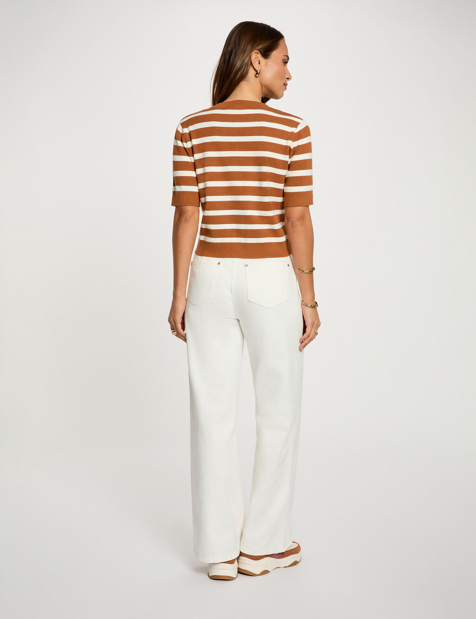 Striped Short-Sleeve Cardigan Camel Women