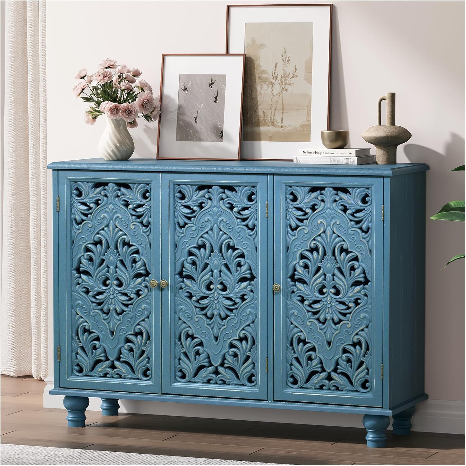 JOINICE Accent Cabinet with 3 Carved Doors, Distressed Blue Sideboard Buffet with Storage & Solid Wood Legs, 43 Vintage Console Table for Living Room, Entryway, Coffee Bar, Hallway