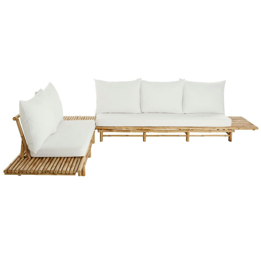 Robinson - Canapé d'angle de jardin 4/6 places en bambou et coussins écrus