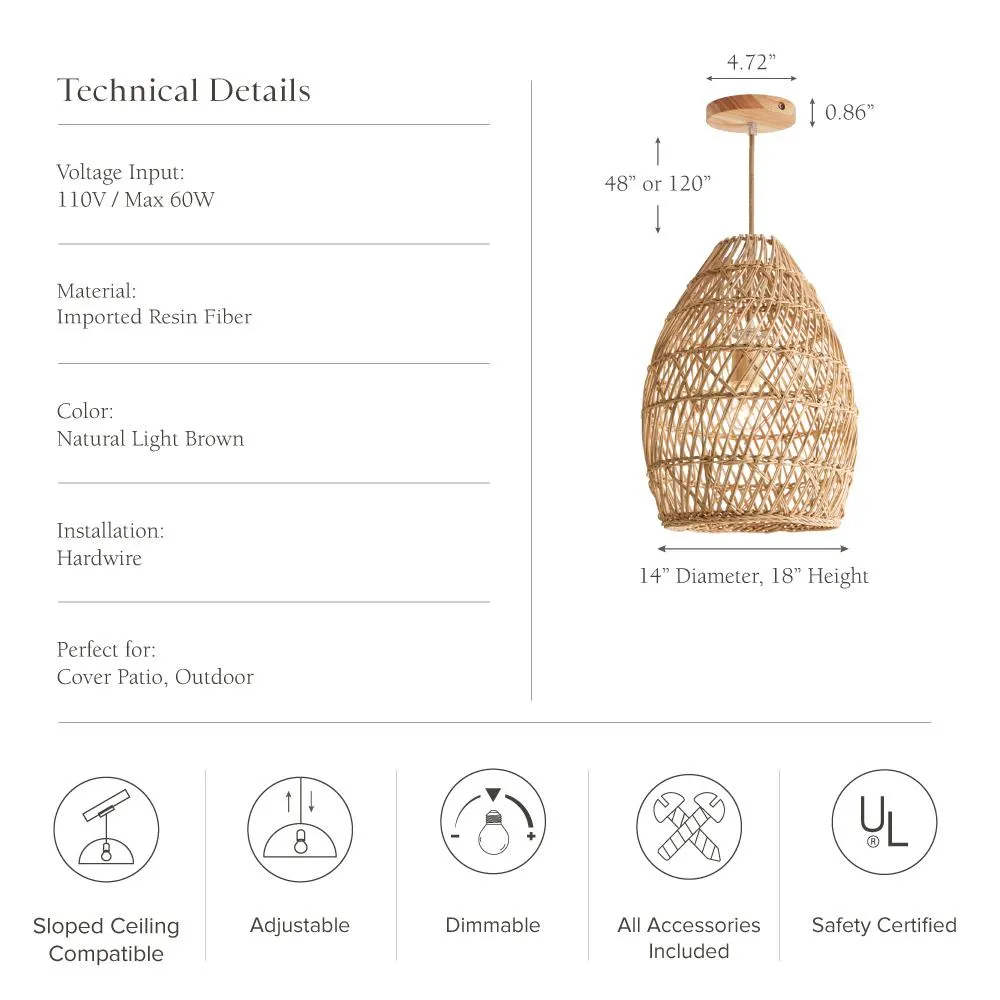 Outdoor Callie Rattan Pendant Light - Woven Wicker Hanging Fixture for Patio, Porch & Kitchen Island