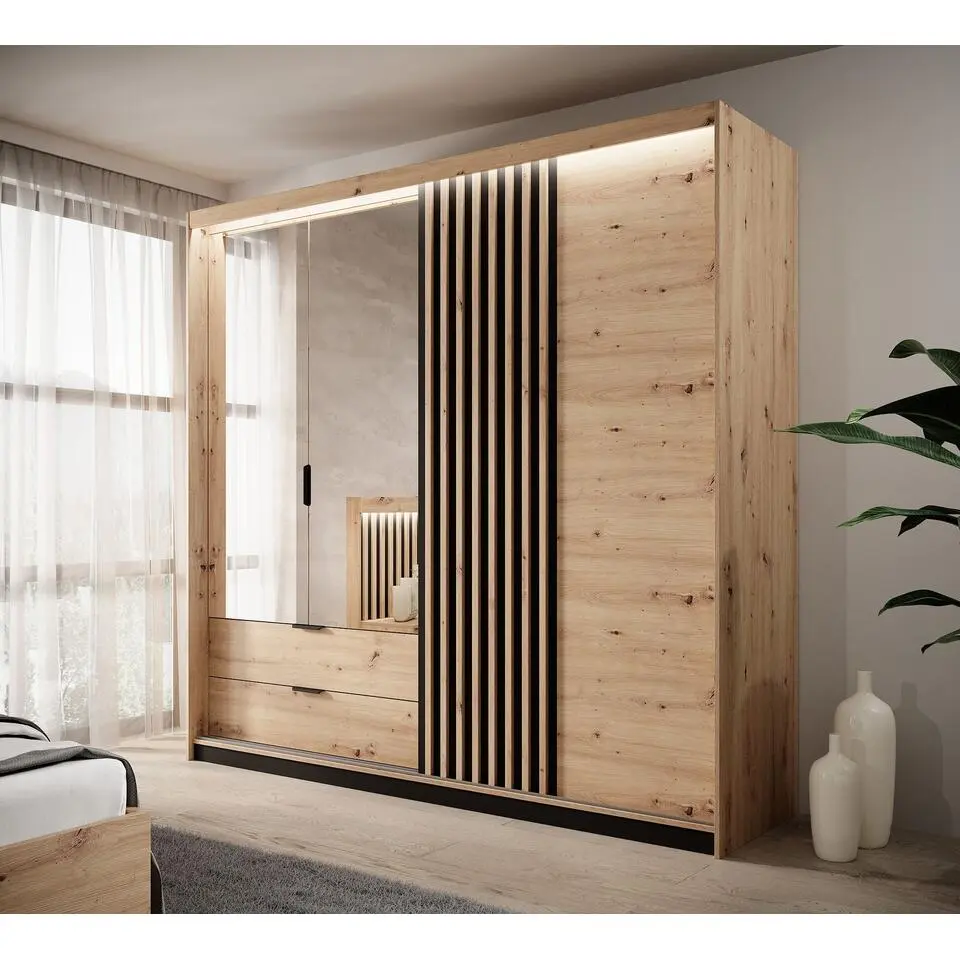 Meubella - Kledingkast Tasha - Eiken - Antraciet - 220 cm - Met spiegel