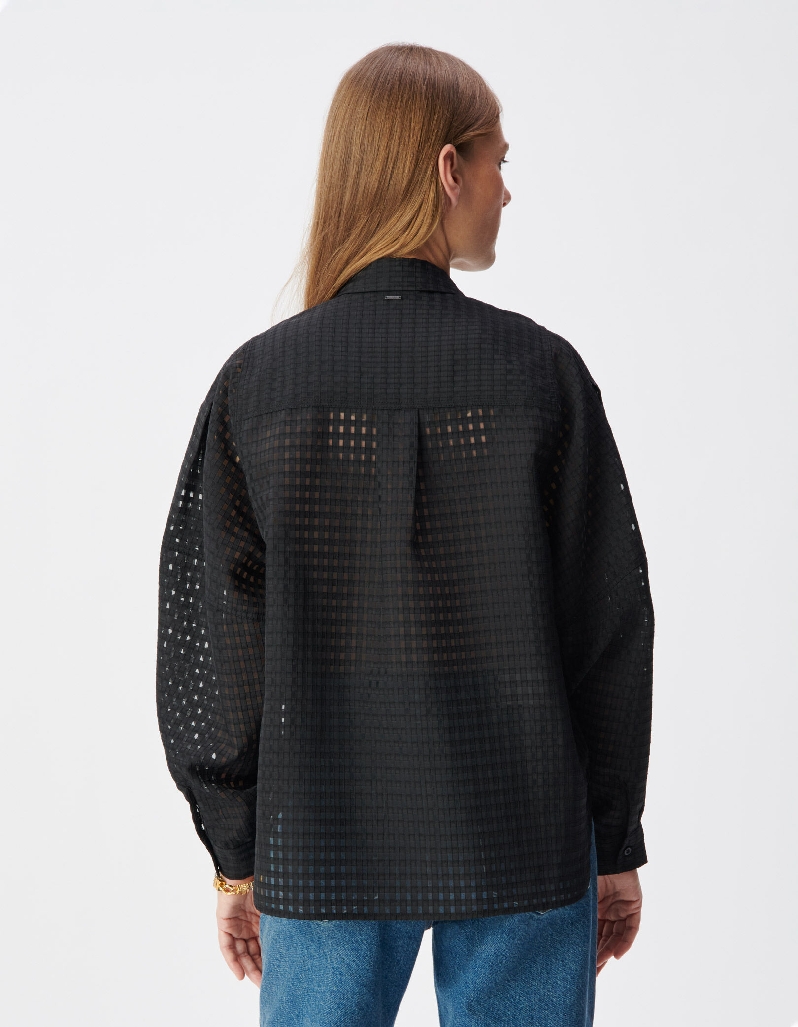 Chemise noire motif carreaux ajourés Femme