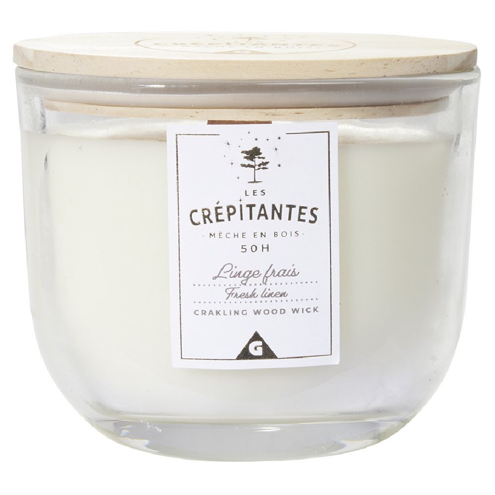 Bougie parfumée blanche Les crépitantes senteur linge frais 50H