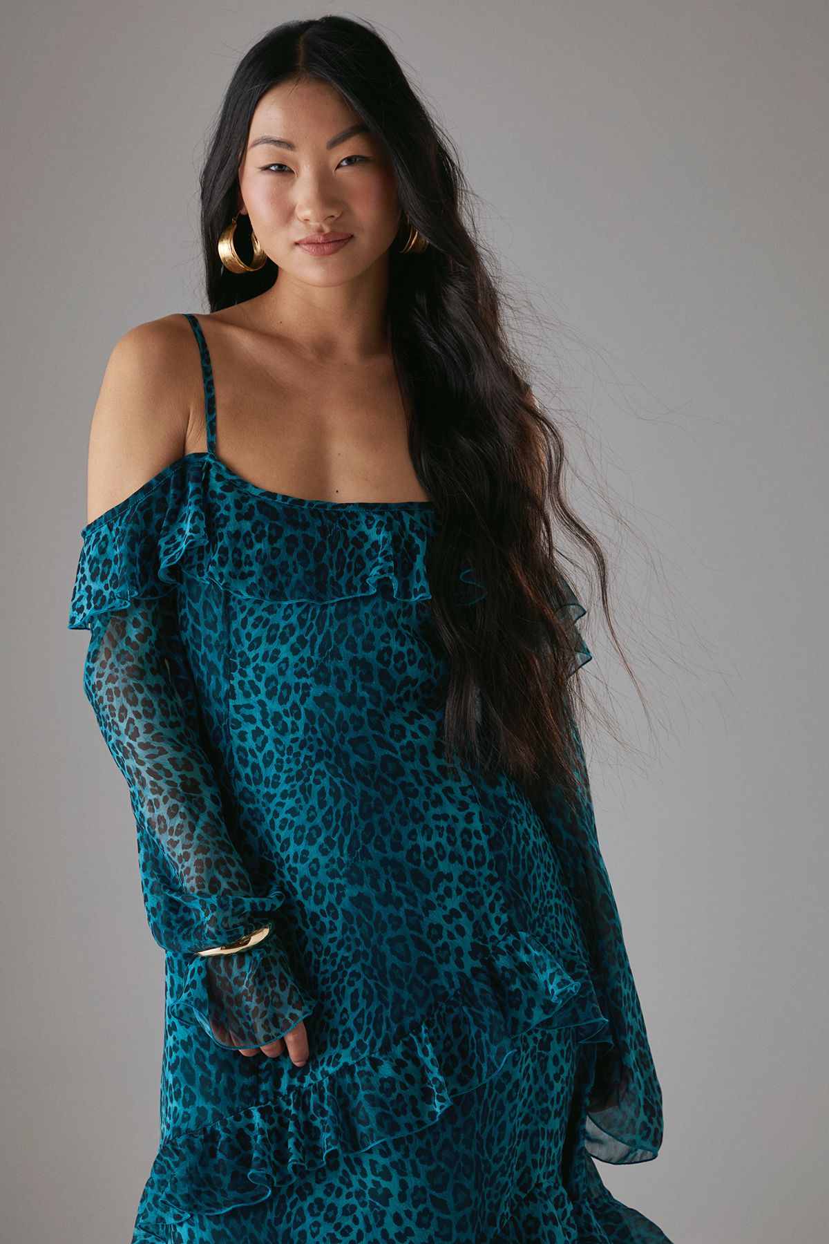 Warehouse Petite Chiffon Ruffle Cold Shoulder Midi Dress