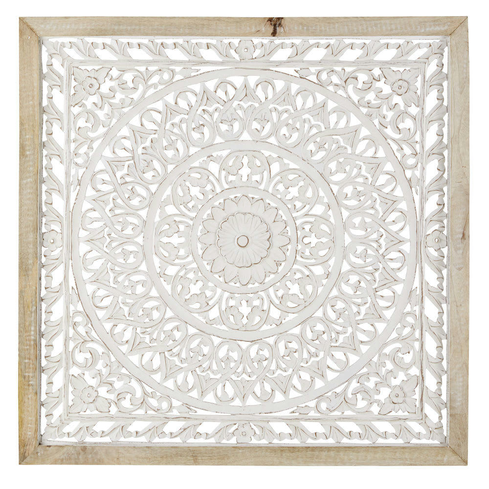 ARAYA - Déco murale en manguier motif mandala sculpté blanc 110x110