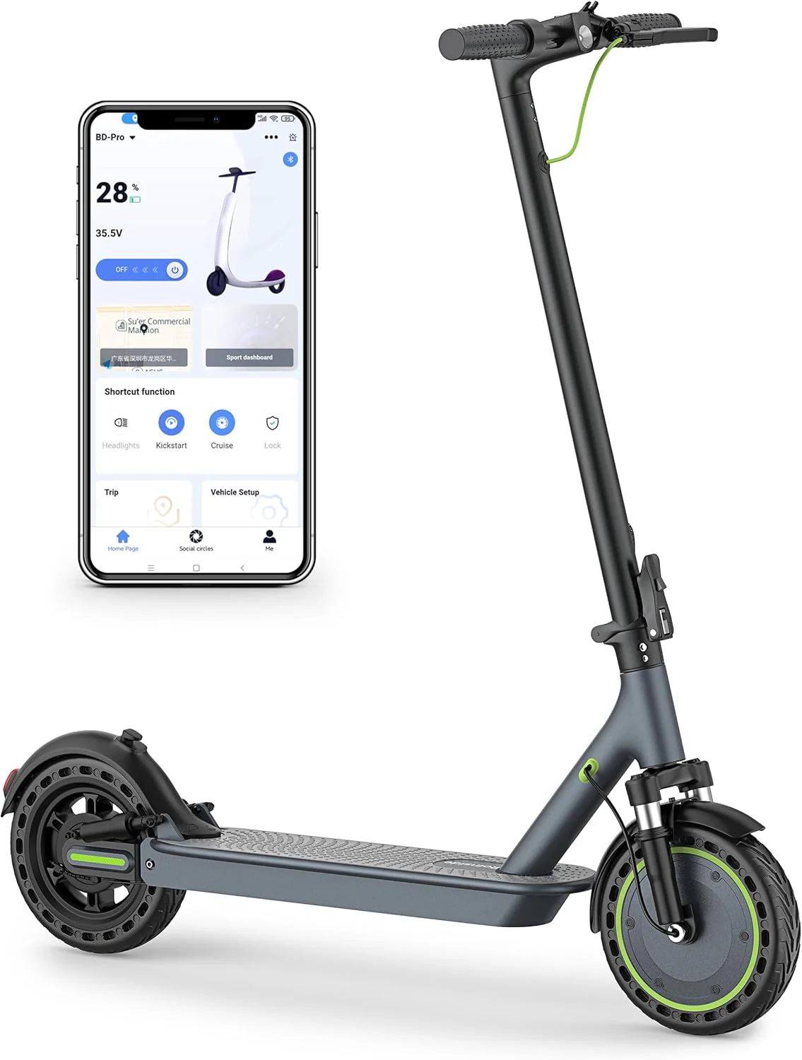Electric Scooter - 8.5 Solid Tires, 350W Motor, Up to 19 MPH and 21-23 Miles Long-Range Portable Foldable Commuting Scooter for Adults with Double Braking System and App(10' 500W 27 Miles Dual shock absorption)