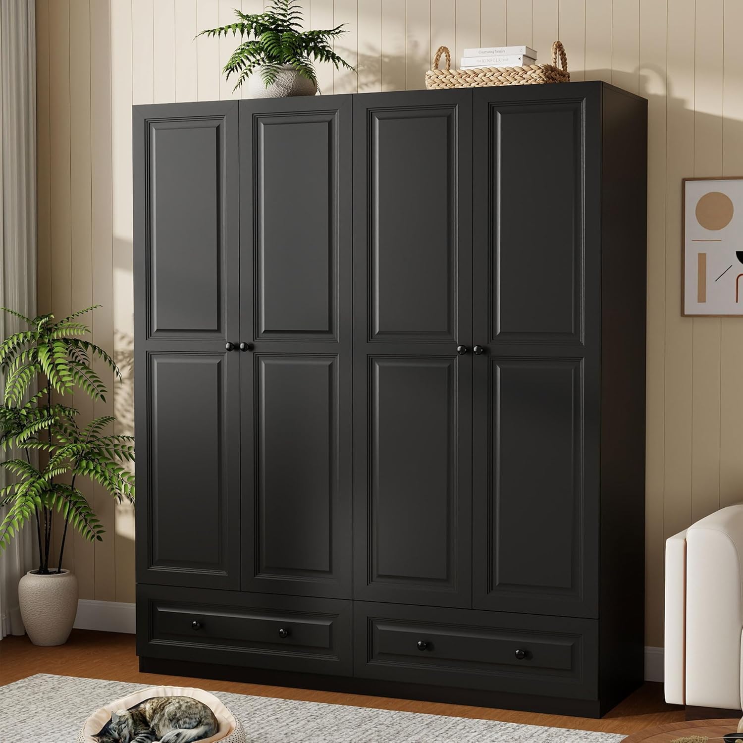 Armoire Wardrobe Closet with Drawers: 74 Black Wardrobe Closet with 4 Doors, Bedroom Armoires with 2 Drawers, Wood Closets Cabinet for Hanging Clothes (Black, 63)